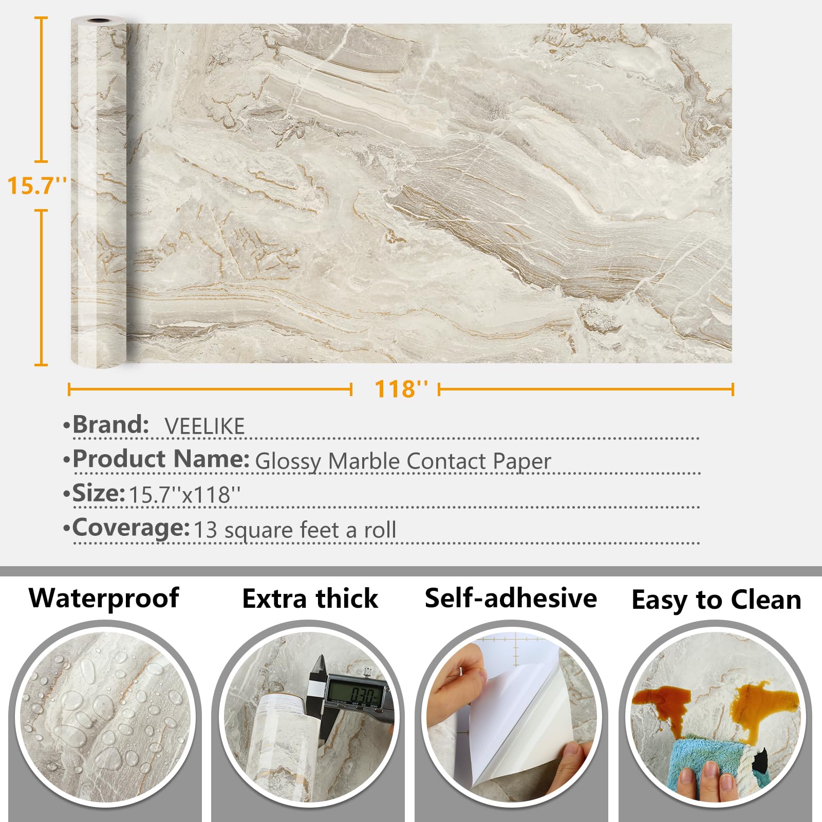 VEELIKE 15.7''x118'' Beige Gold Liquid Marble Contact Paper - Peel & Stick Waterproof Granite Countertop Cover - Self-Adhesive Vinyl Roll for Kitchen, Bathroom, Table & Wall Decor - Perfect for Home Renovation, DIY Projects & Furniture Upcycling