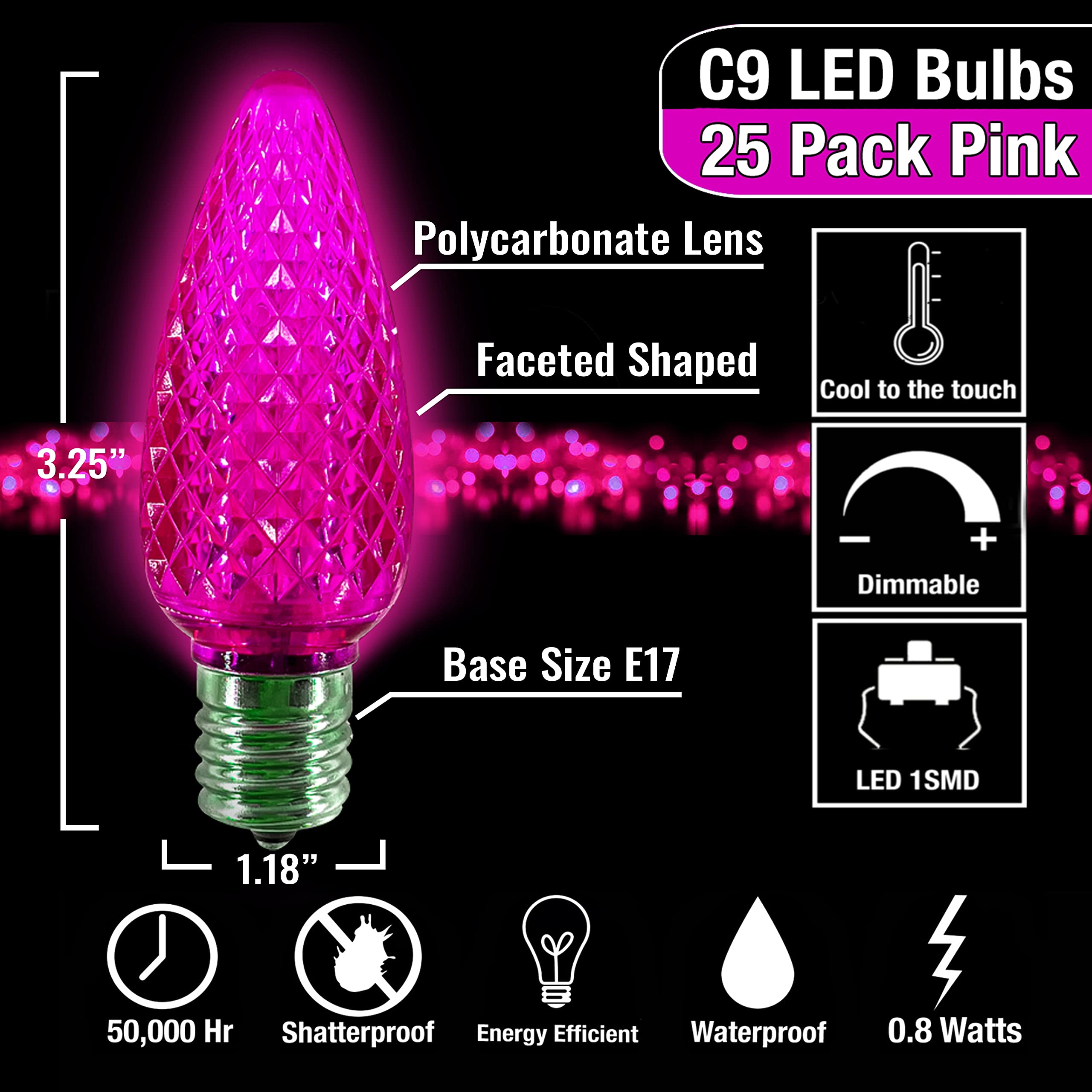 25-Pack C9 LED Pink Christmas Light Bulbs - Faceted Candle Shape, E17 Base, Commercial Grade for Indoor/Outdoor Holiday Decorations - Perfect for Roof Lights, Tree Trimming, and Festive Home Lighting