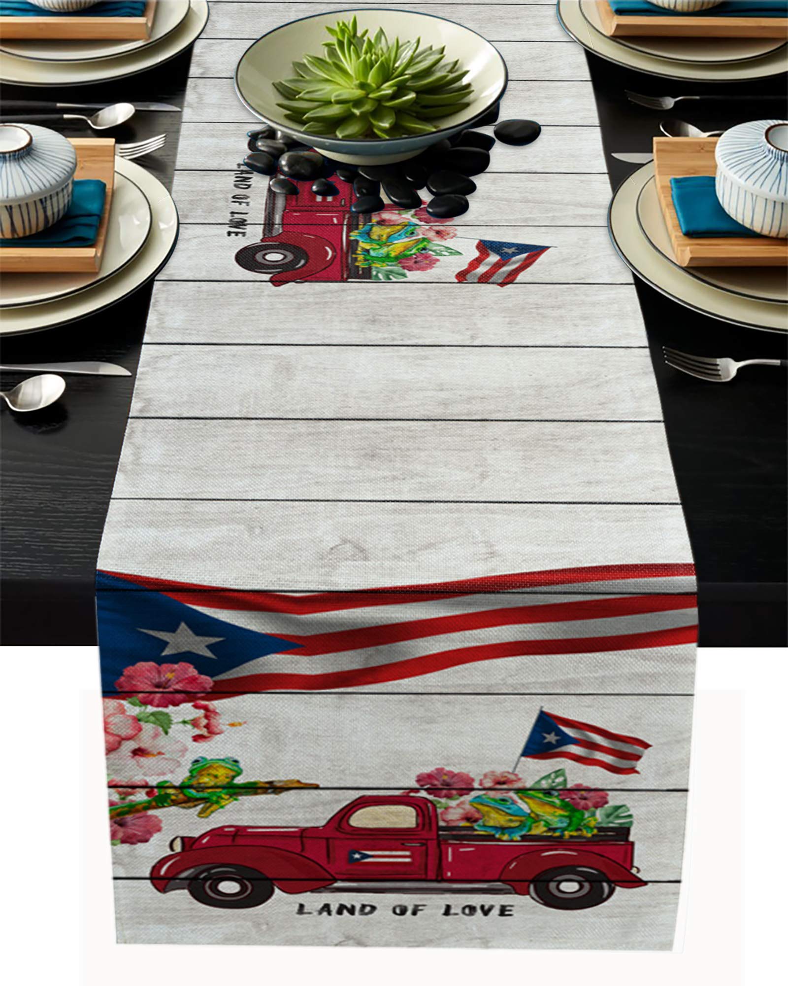 Red Truck Decor Table Runner 108 Inches Long - Puerto Rico Flag Hibiscus Flowers Wood Plaid Design for Round, Kitchen, Coffee & Dining Tables - Perfect for Farmhouse, Country & Living Room Decor