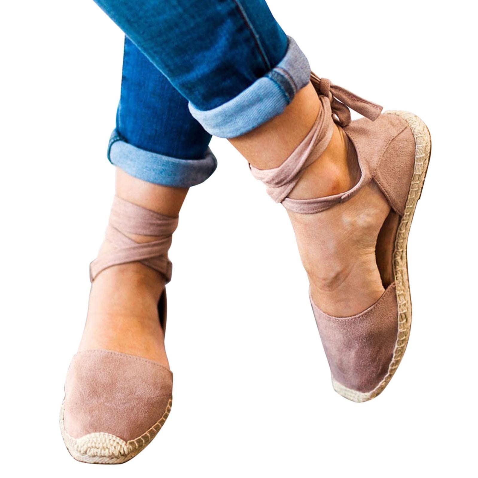 Women's Lace-Up Espadrille Flat Sandals - Cute Closed Toe Boho Flats for Summer | Retro Fashion Casual Shoes for Beach, Vacation & Everyday Wear