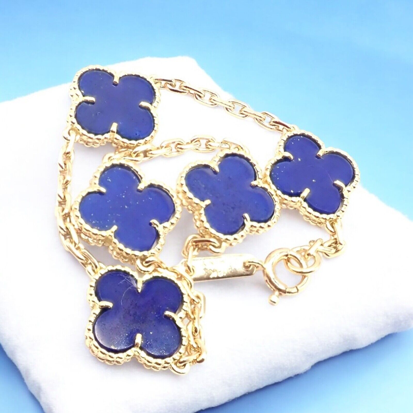 Authentic Van Cleef & Arpels 18k Gold 5 Motif Alhambra Lapis Lazuli Bracelet - Luxury Jewelry Gift for Women, Perfect for Weddings & Special Occasions
