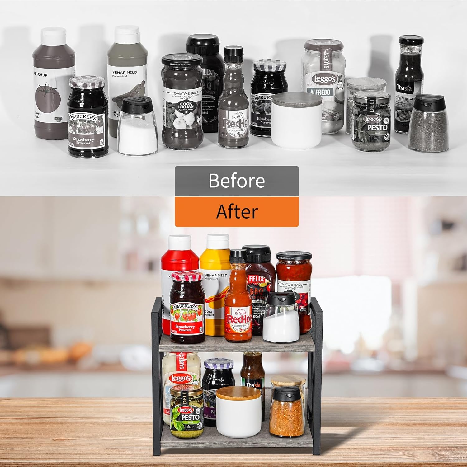 2-Tier Wooden Countertop Shelf Organizer - Kitchen Spice Rack & Coffee Bar Organizer for Home (Grey, Small Size) | Perfect for Pantry Storage, Bathroom Shelving & Office Desk Organization