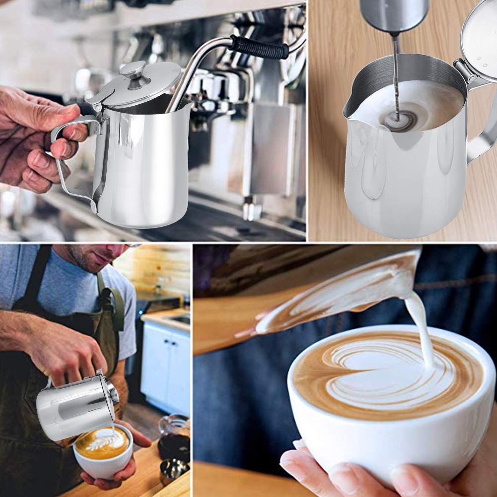 Stainless Steel Milk Frother Cup with Lid - 350mL Handheld Milk Steamer for Espresso, Cappuccino & Latte Art - Perfect for Home, Office & Kitchen Use