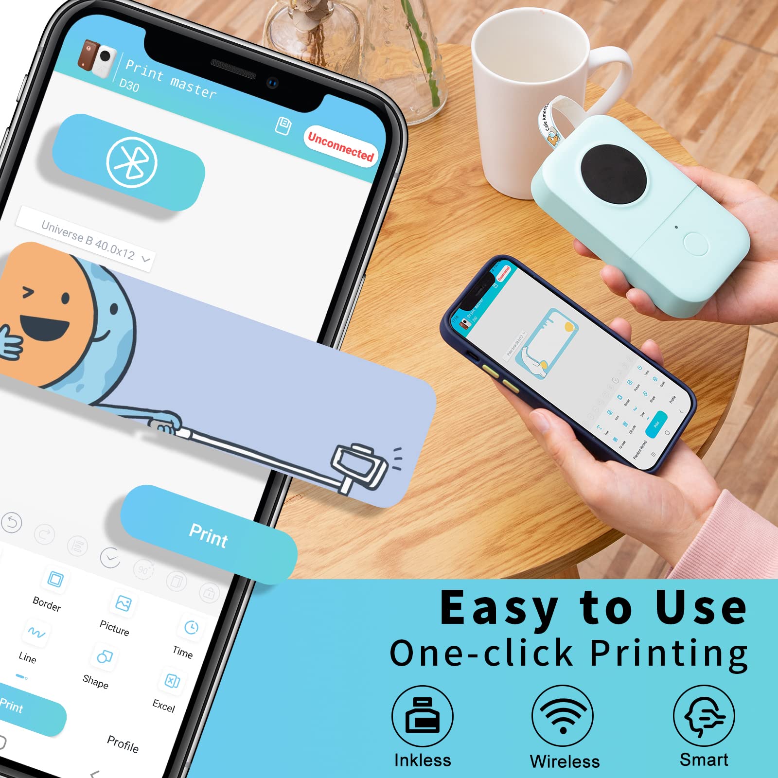 Phomemo D30 Mini Bluetooth Label Maker with 4 Tapes (3x Continuous White + 1x 12mm 0.47in White) - Portable Labeling Machine for Home, Office & Organization