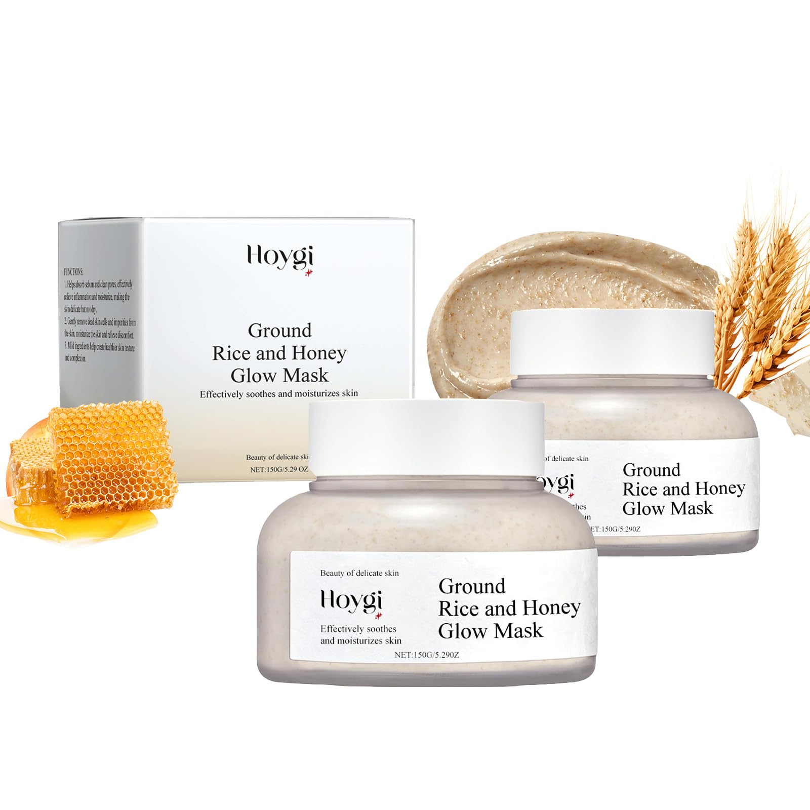 Korean Rice & Honey Glow Mask - Moisturizing Exfoliating Face Mask for Wrinkles & Anti-Aging | Smooth & Soft Skin Wash-Off Mask with Pore Sebum Care | Ideal for Dry & Sensitive Skin (2 Pack) | Perfect for Nighttime Skincare & Spa Relaxation