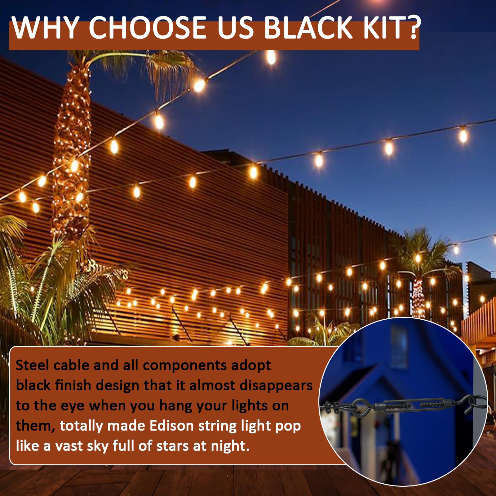 Black Globe String Light Hanging Kit - 164FT PVC Coated Steel Cable with Accessories for Outdoor, Patio & Camping | Perfect for Backyard Decor, Garden Parties & Romantic Ambiance