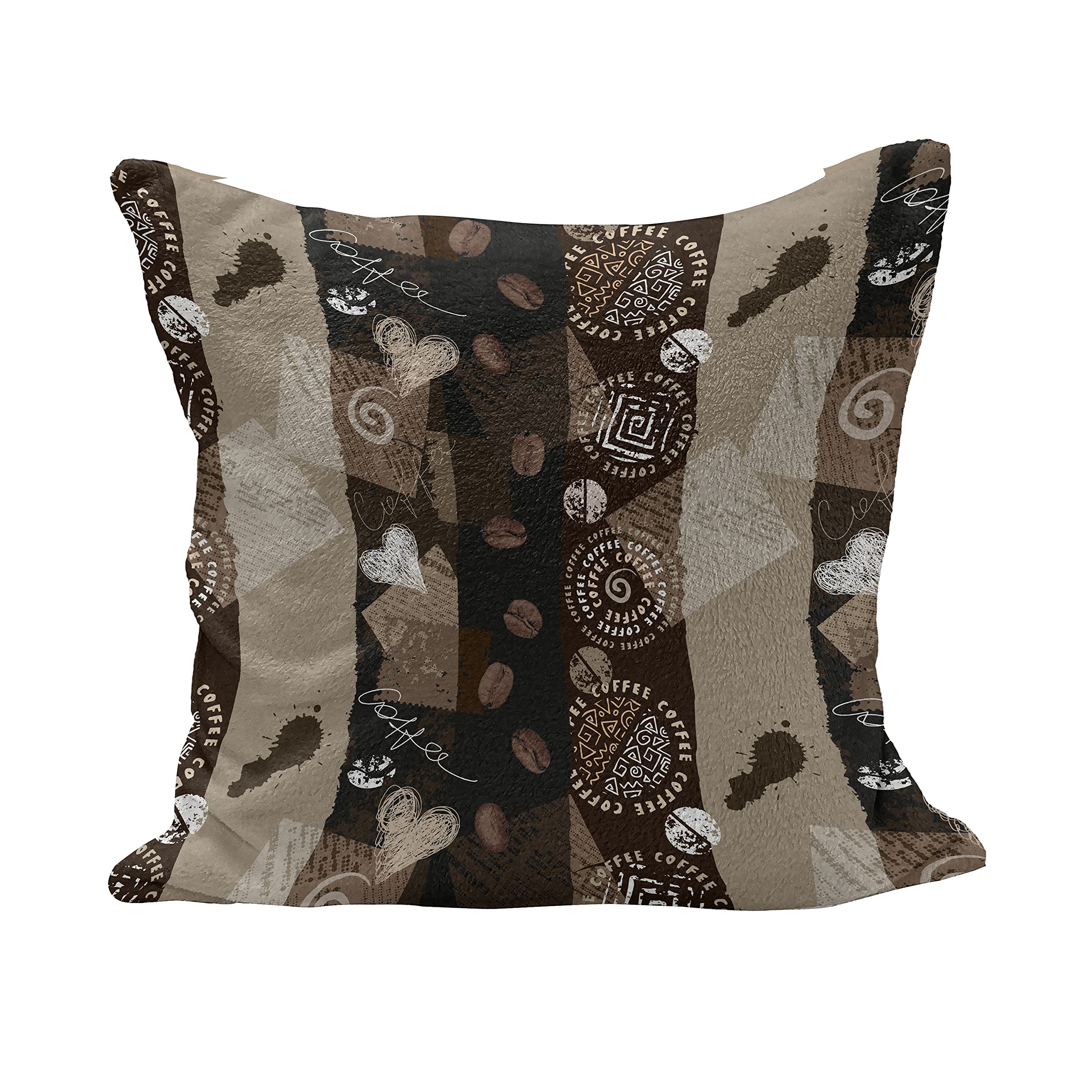 Ambesonne Brown Fluffy Throw Pillow Cover 28x28 - Coffee Typography Hearts & Beans on Abstract Striped Grungy Backdrop - Decorative Square Accent Pillow Case for Living Room, Bedroom, Sofa - Soft & Cozy Home Decor