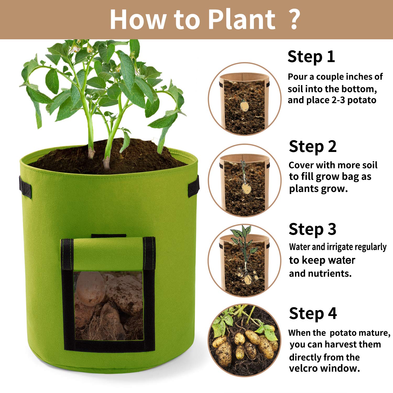 7 Gallon Potato Planter Bags 3-Pack - Breathable Grow Bags for Tomatoes, Vegetables & Plants with Handles & Access Flap (Green) - Ideal for Indoor/Outdoor Gardening, Balcony & Patio Planting