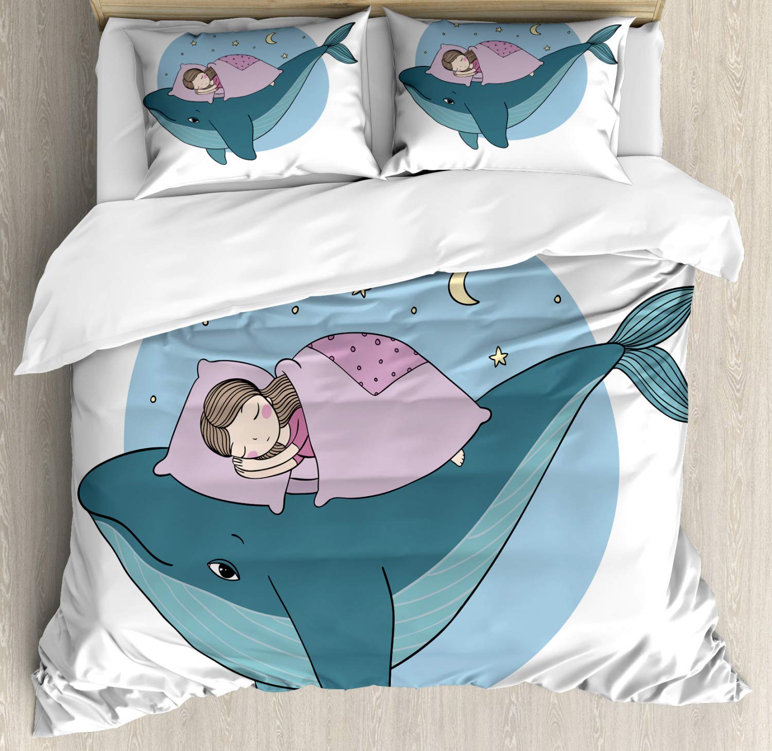 Ambesonne Whale Duvet Cover Set - Queen Size 3-Piece Bedding with 2 Pillow Shams, Fantasy Ocean Theme with Sleeping Character on Fish Bed in Night Sea Illustration, Yellow Lilac Blue - Perfect for Coastal, Nautical or Kids' Bedroom Decor