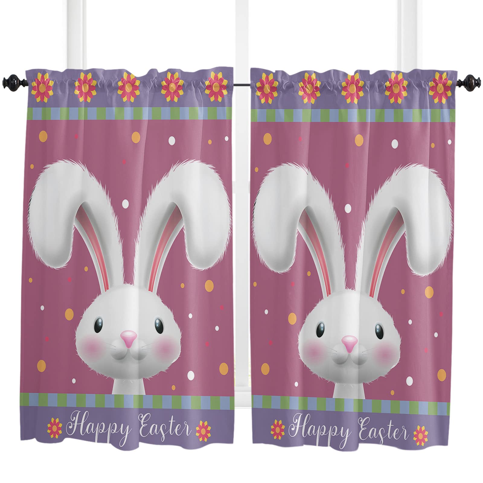 Easter Bunny Floral Polka Dot Window Curtains - Set of 2 Panels 45 Inches Long, Light Filtering Rod Pocket Kitchen Curtains for Bathroom, Cafe, Bedroom - Perfect for Spring Decor & Easter Home Decorating