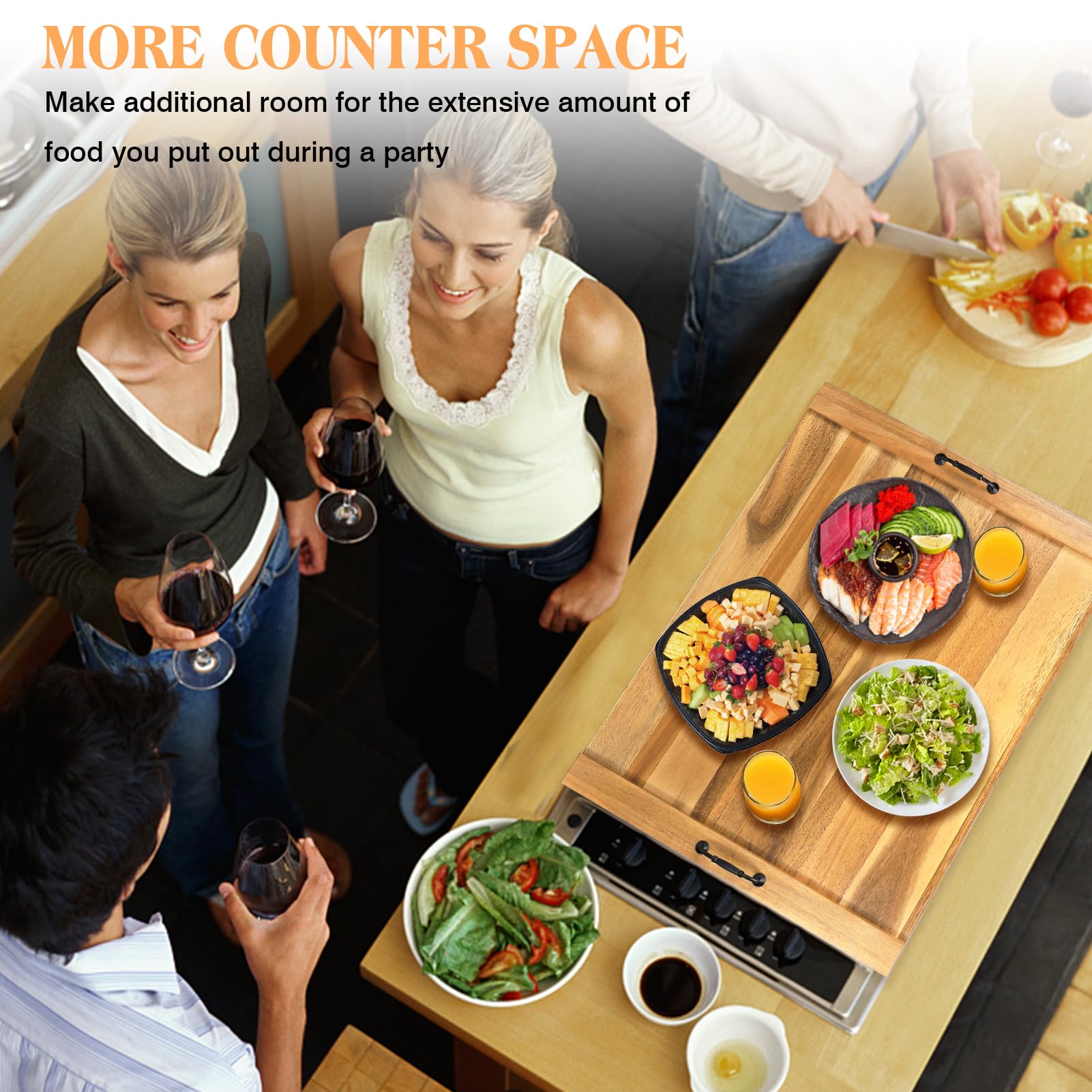 Premium Acacia Wood Stove Top Cover - 4 & 5 Burner Gas/Electric Cooktop Protector with Handle | Heat-Resistant Cutting Board & Noodle Board | Perfect for Kitchen Counter Protection & Extra Prep Space