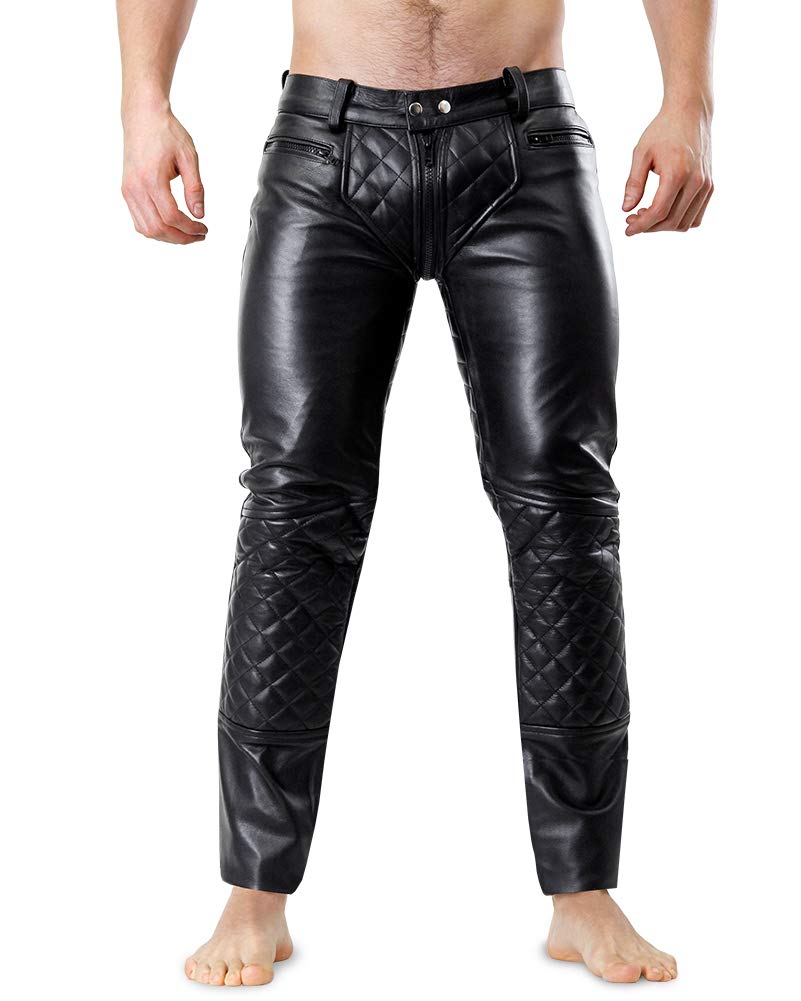 Bockle® 5-Pocket Quilted Leather Pants for Men - Full Zip Denim Jeans Style | Motorcycle Riding, Night Out, Casual Wear