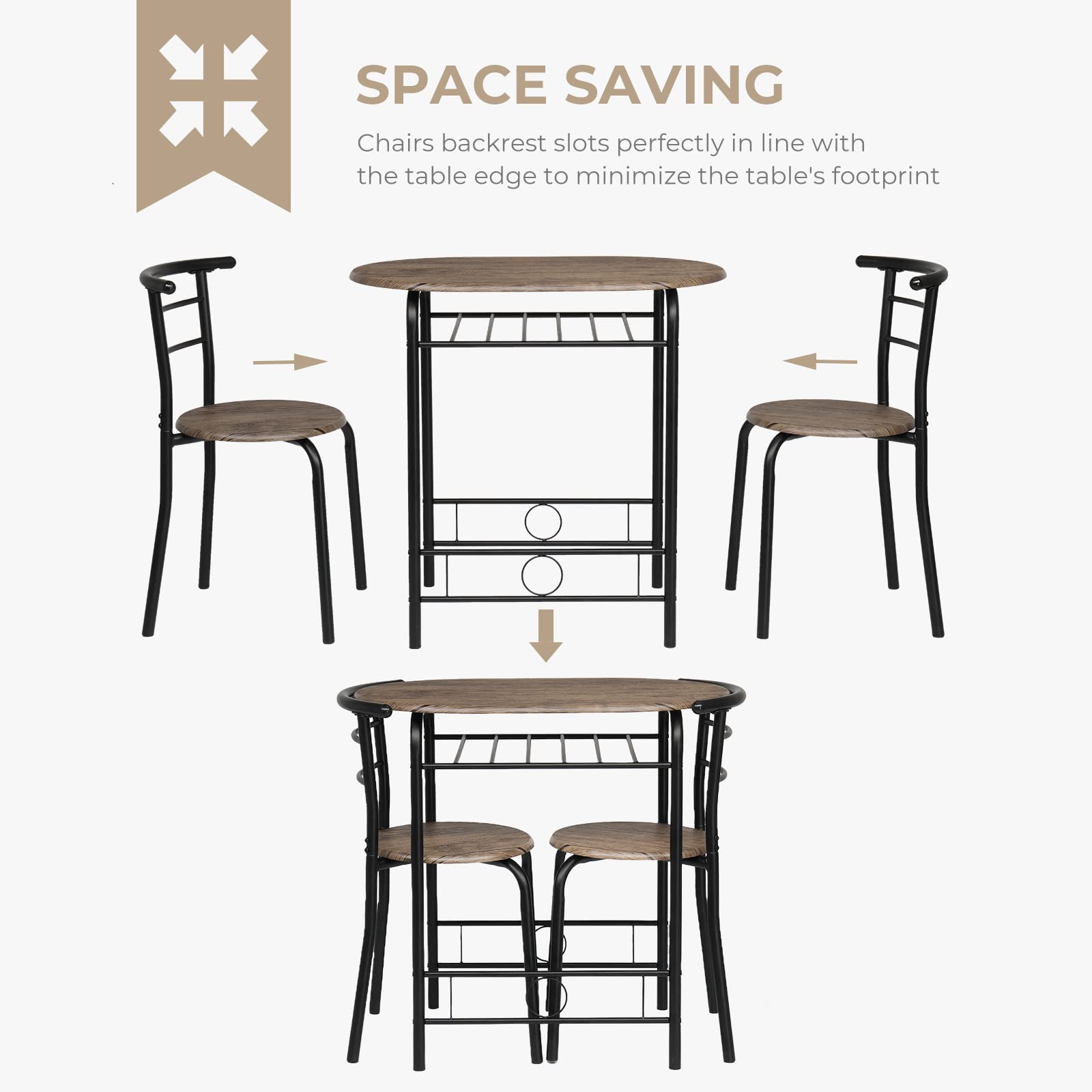 VINGLI 3-Piece Small Kitchen Dining Set for 2 - Wooden Table & 2 Chairs with Metal Frame & Wine Rack - Perfect for Breakfast Nook, Small Spaces, Apartments & Rustic Decor