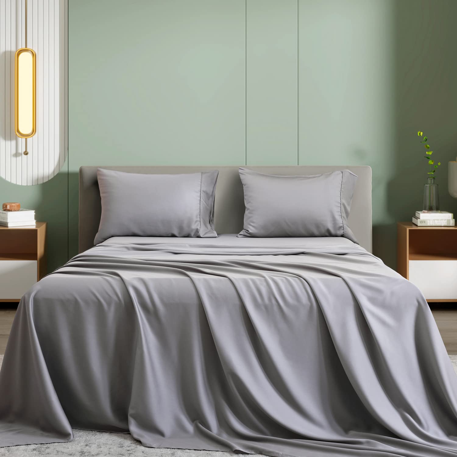 Premium 100% Organic Bamboo Sheets King Size - Silky Soft & Cooling Bamboo Bedding Set with Deep Pocket (4-Piece, Light Gray) - Breathable Luxury Sheets for Hot Sleepers & Eco-Friendly Bedroom Decor