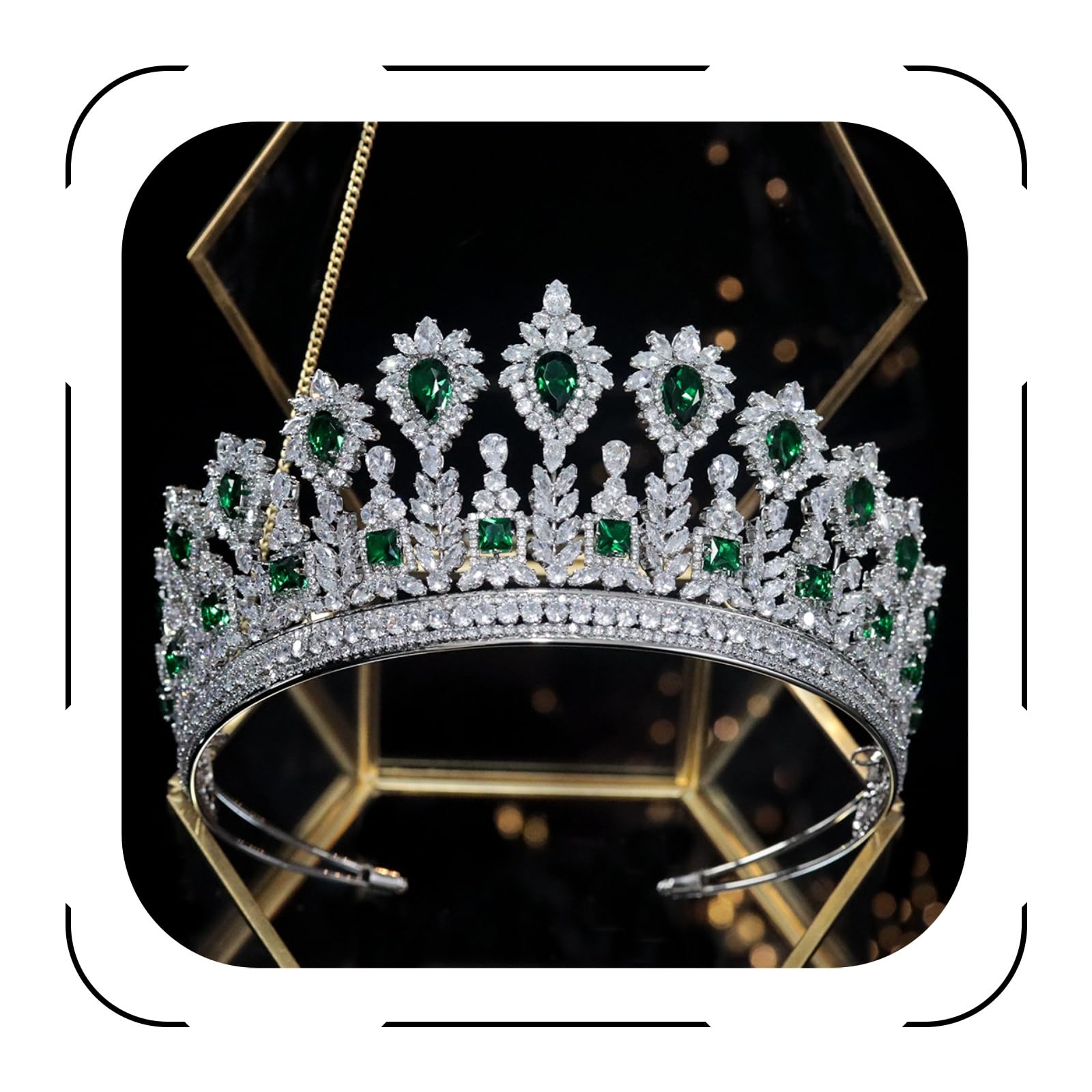 Jorsnovs Cubic Zirconia Princess Crown Tiara - Elegant Quinceañera & Bridal Headpiece with Large Emerald CZ Stones | Wedding, Prom, Pageant Hair Jewelry for Women & Girls | Perfect for Quinceañeras, Bridal Showers, and Special Occasions