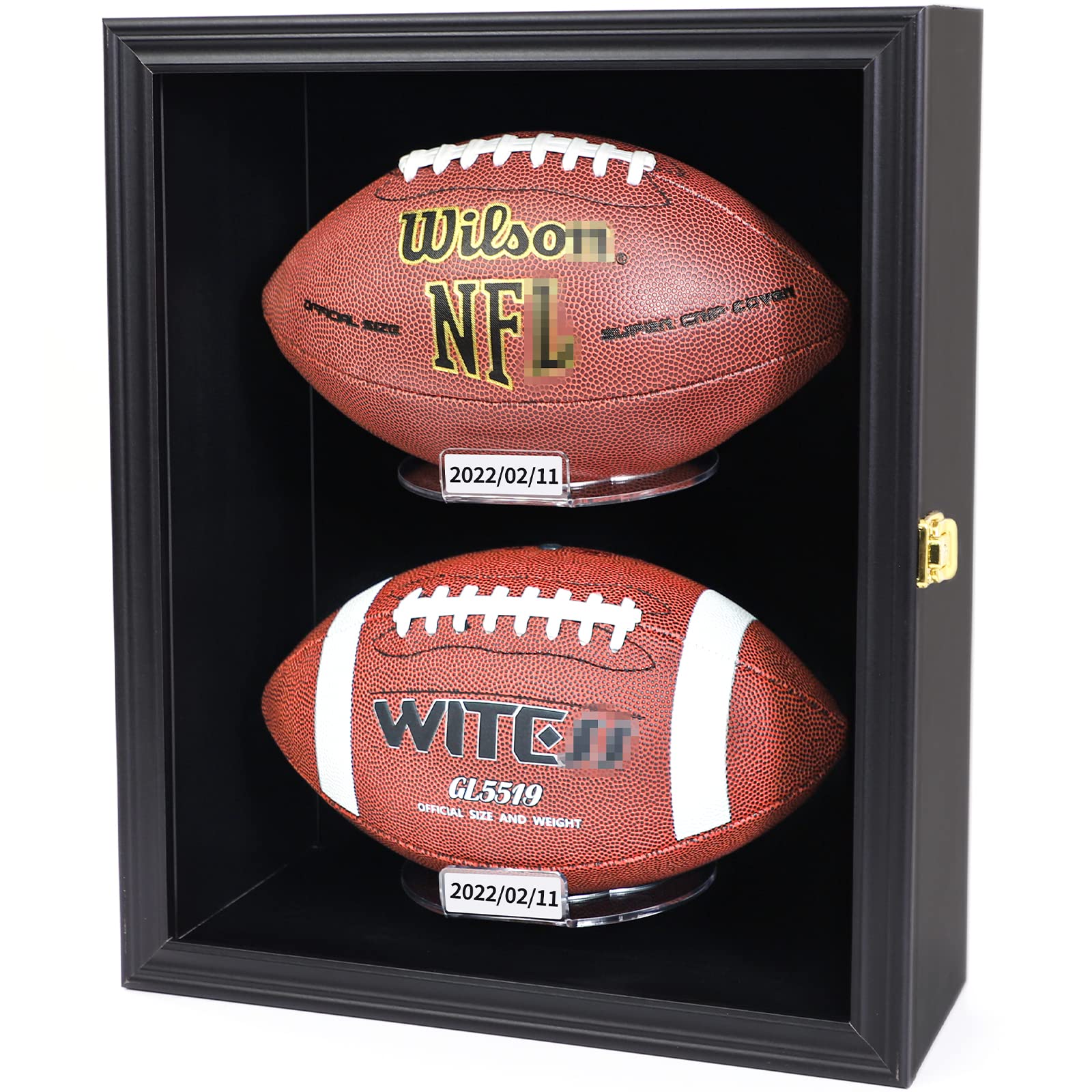 COMSREV 2 Full Size Wooden Football Display Case with UV-Protected Acrylic Door - Wall Mount Memorabilia Shadow Box for Signed Footballs & Collectibles (Black) - Perfect for Man Cave, Sports Bar, or Home Office Decor