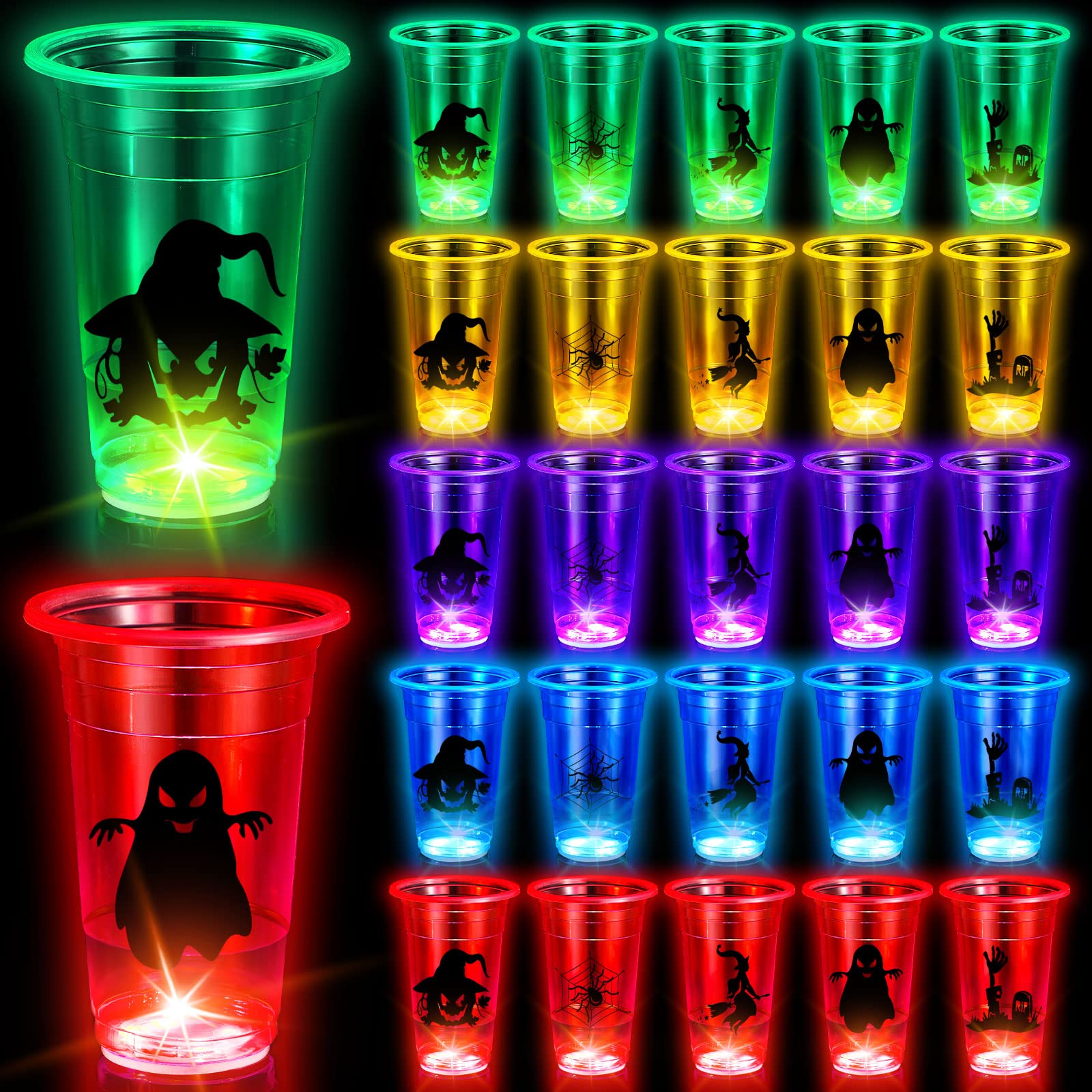 40 Pack Glow in The Dark Halloween Party Cups 16oz - Glowing Plastic Cups with Spooky Stickers for Night Parties, Halloween Decorations - Perfect for Indoor/Outdoor Halloween Events, Themed Parties & Nighttime Games