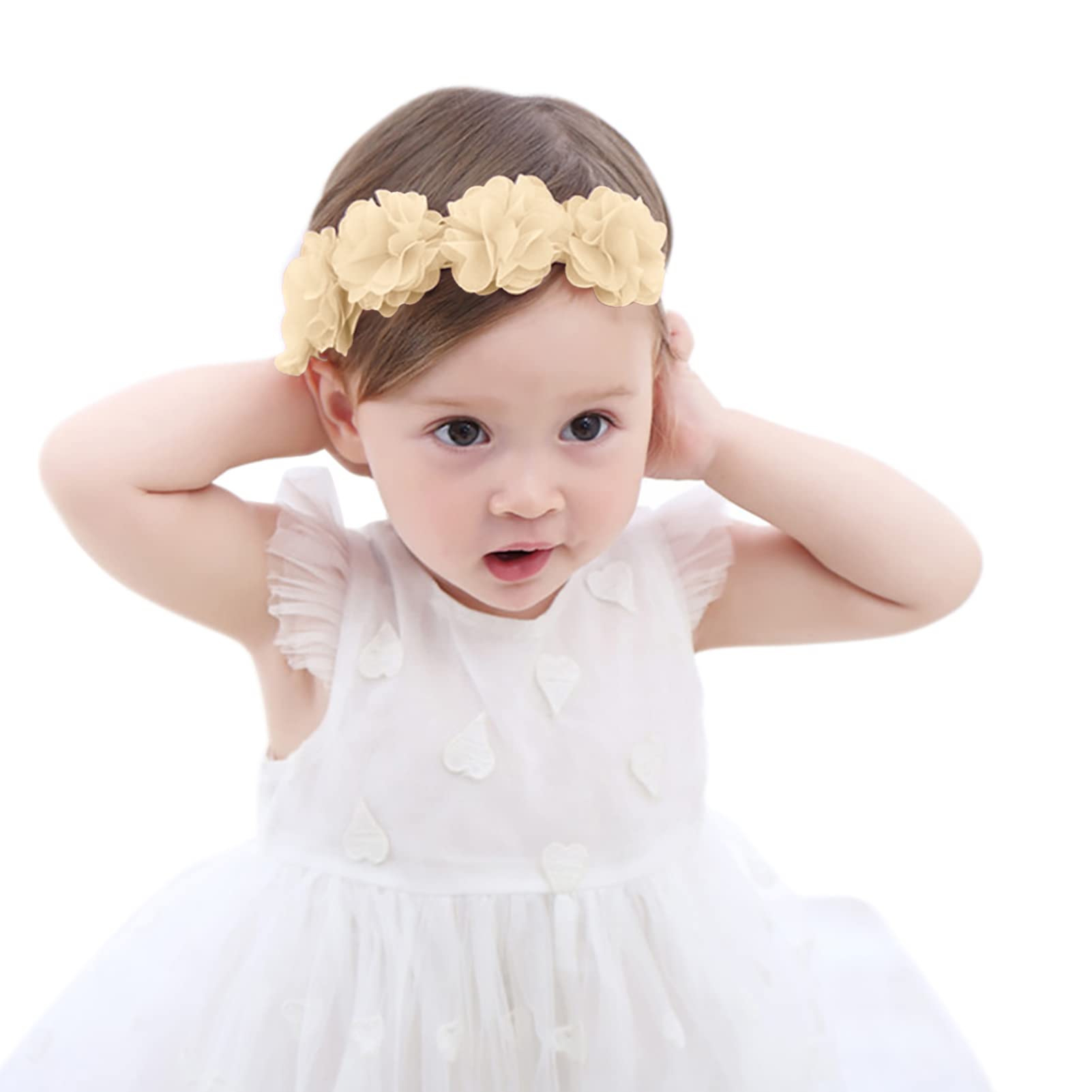 Fmeida Soft Stretchy Flower Headbands for Baby Girls - Elastic Floral Hair Accessories for Newborns, Infants & Toddlers (Champagne) | Perfect for Photos, Parties & Everyday Wear