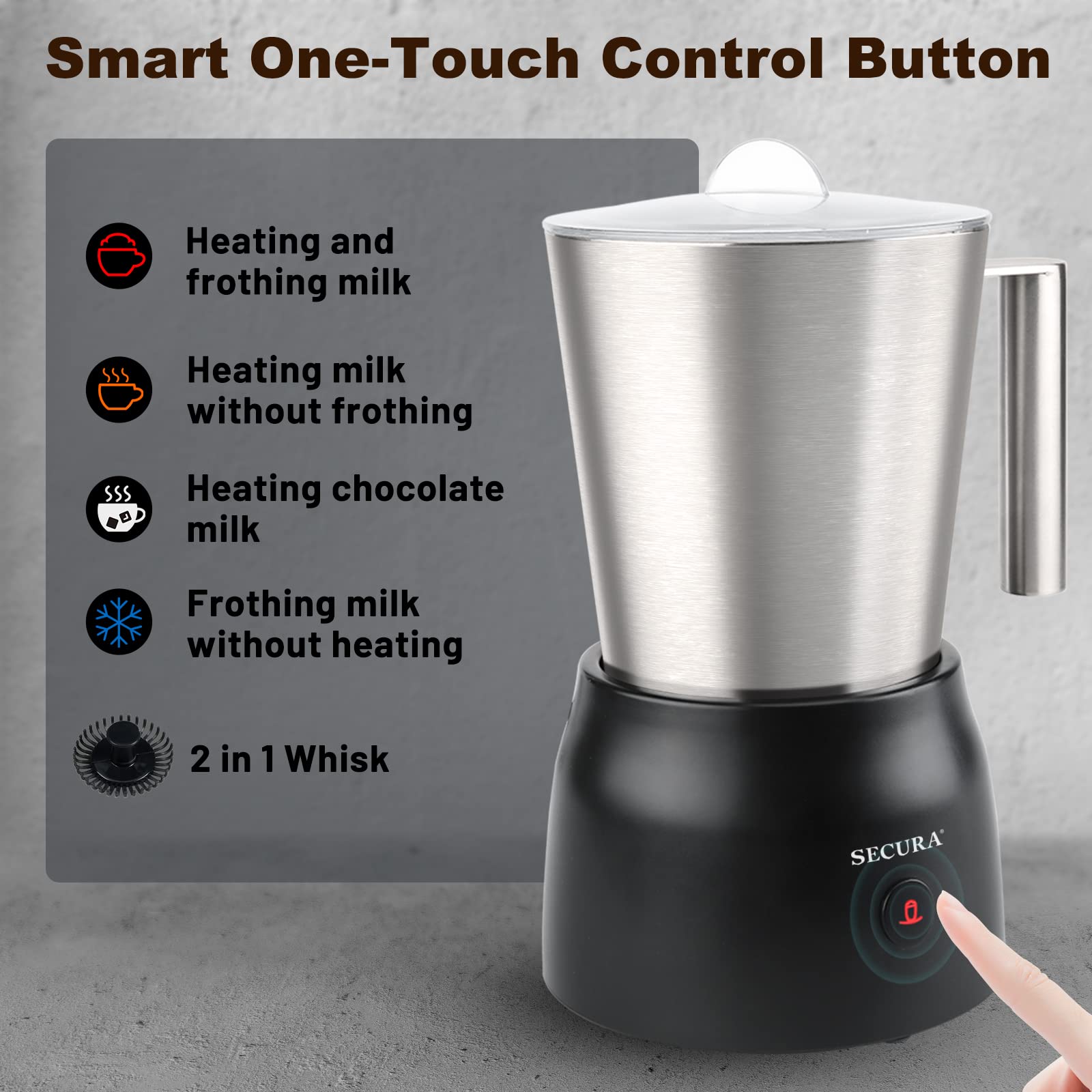 Secura 17oz Electric Milk Frother and Steamer - Stainless Steel Hot & Cold Foam Maker for Lattes, Cappuccino, Hot Chocolate - Upgraded 2-in-1 Whisks, Non-Stick Teflon-Free Design - Perfect for Coffee Shops, Home Baristas and Breakfast Drinks