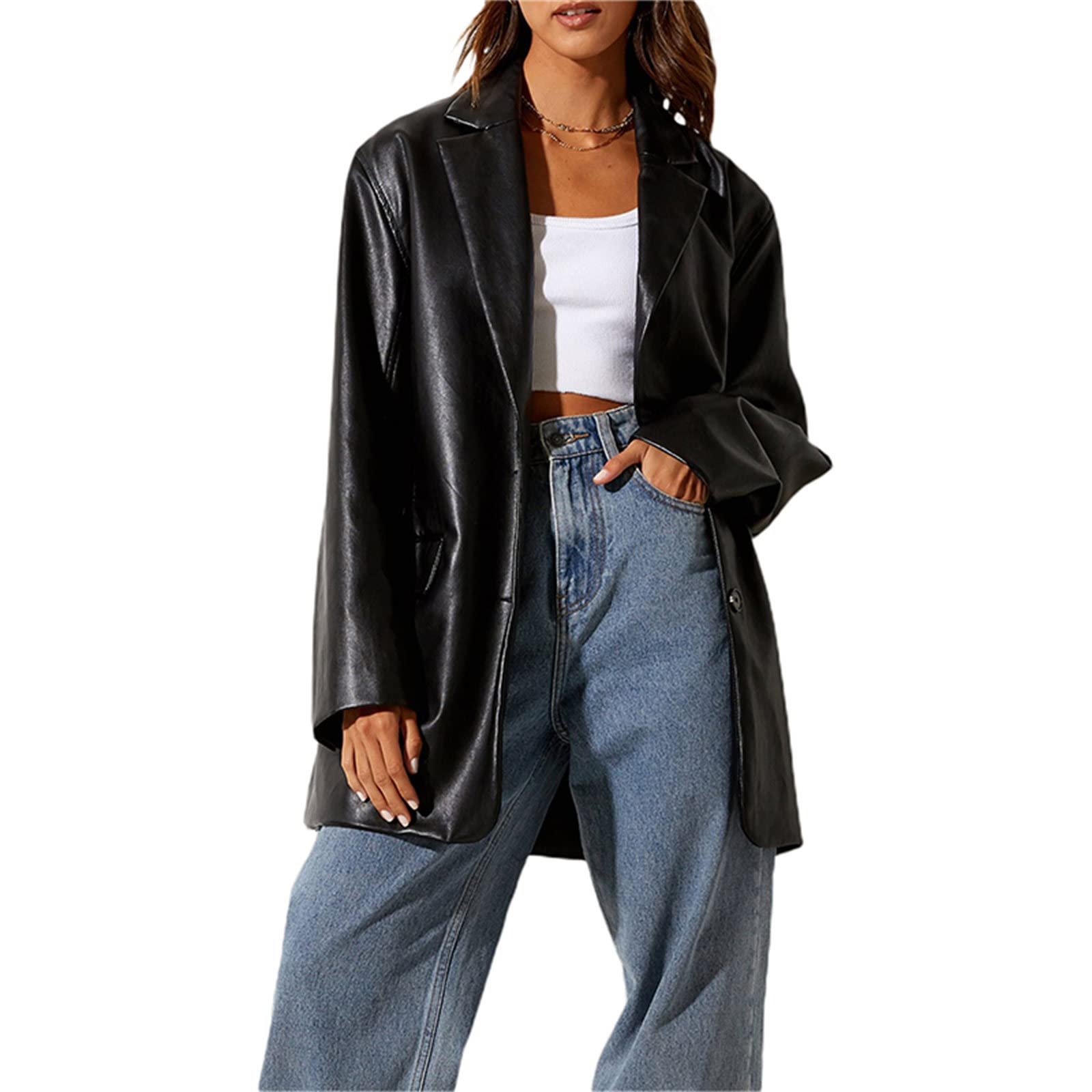 Stylish Women's Faux Leather Jacket - Solid Color Tailored Collar Long Sleeve Blazer | Single-Breasted Coat for Office, Night Out & Casual Wear