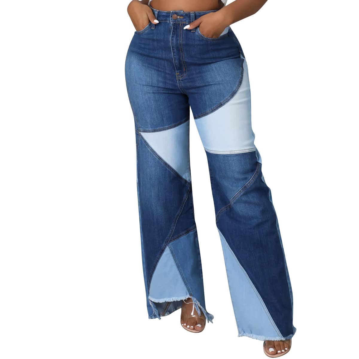 Vanberfia Women's Stretchy Denim Patchwork Wide Leg Jeans - Comfortable High Waist Pants for Casual Wear, Office & Travel