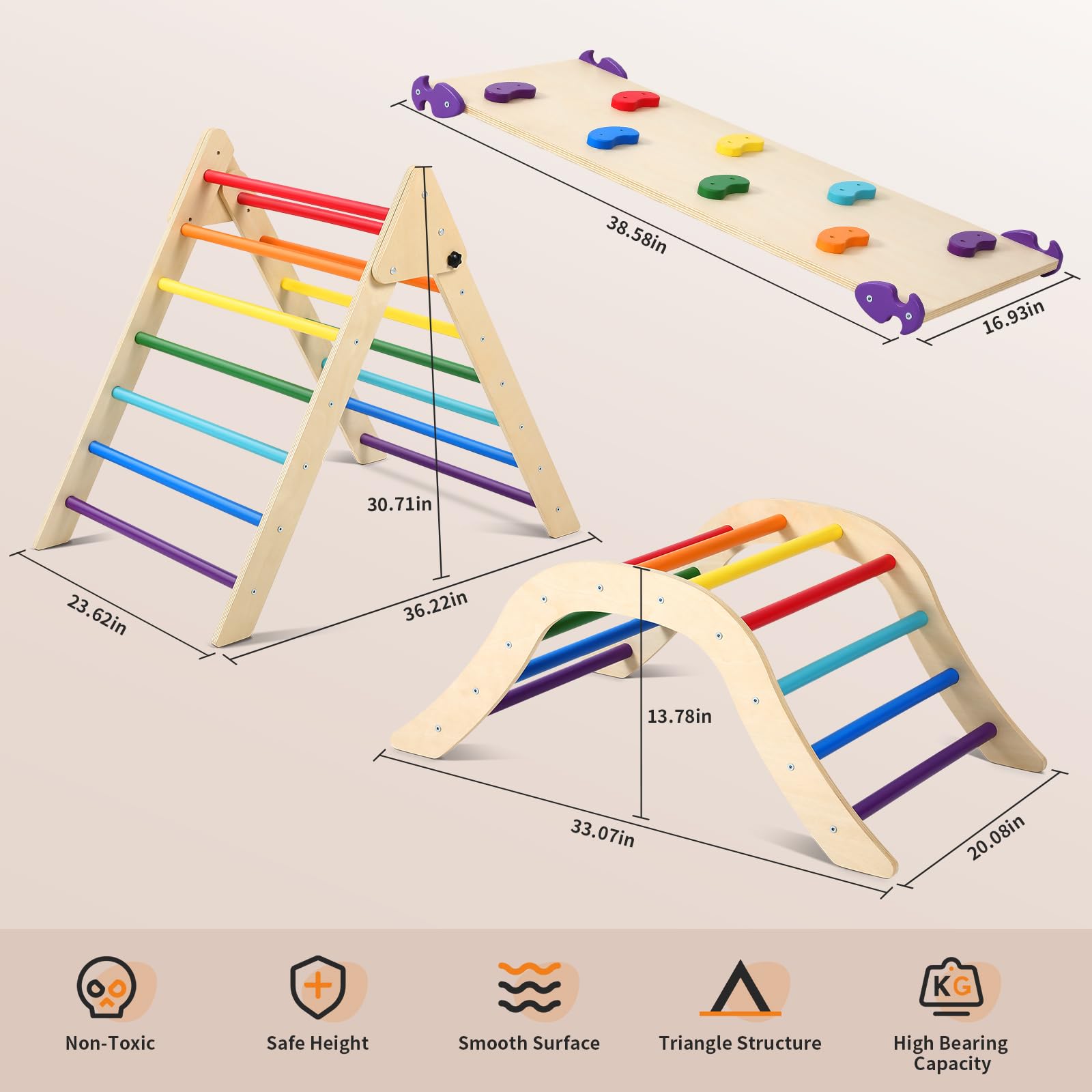 **Pikler Triangle Set Climber 5-in-1 - Foldable Wooden Montessori Climbing Toy for Toddlers 2-6 Years - Indoor Play Gym with Ramp, Arch, Mat & Climbing Tripod - Perfect for Home, Daycare & Montessori Classrooms**