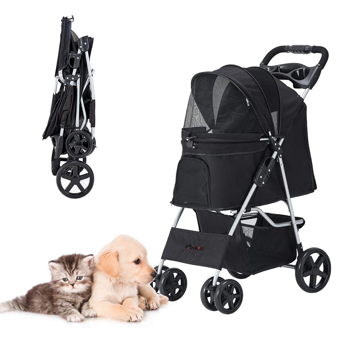 Foldable Lightweight Pet Stroller for Small & Medium Dogs & Cats - Portable Dog Carrier with Storage Basket | Perfect for Outdoor Walks, Vet Visits & Shopping Trips