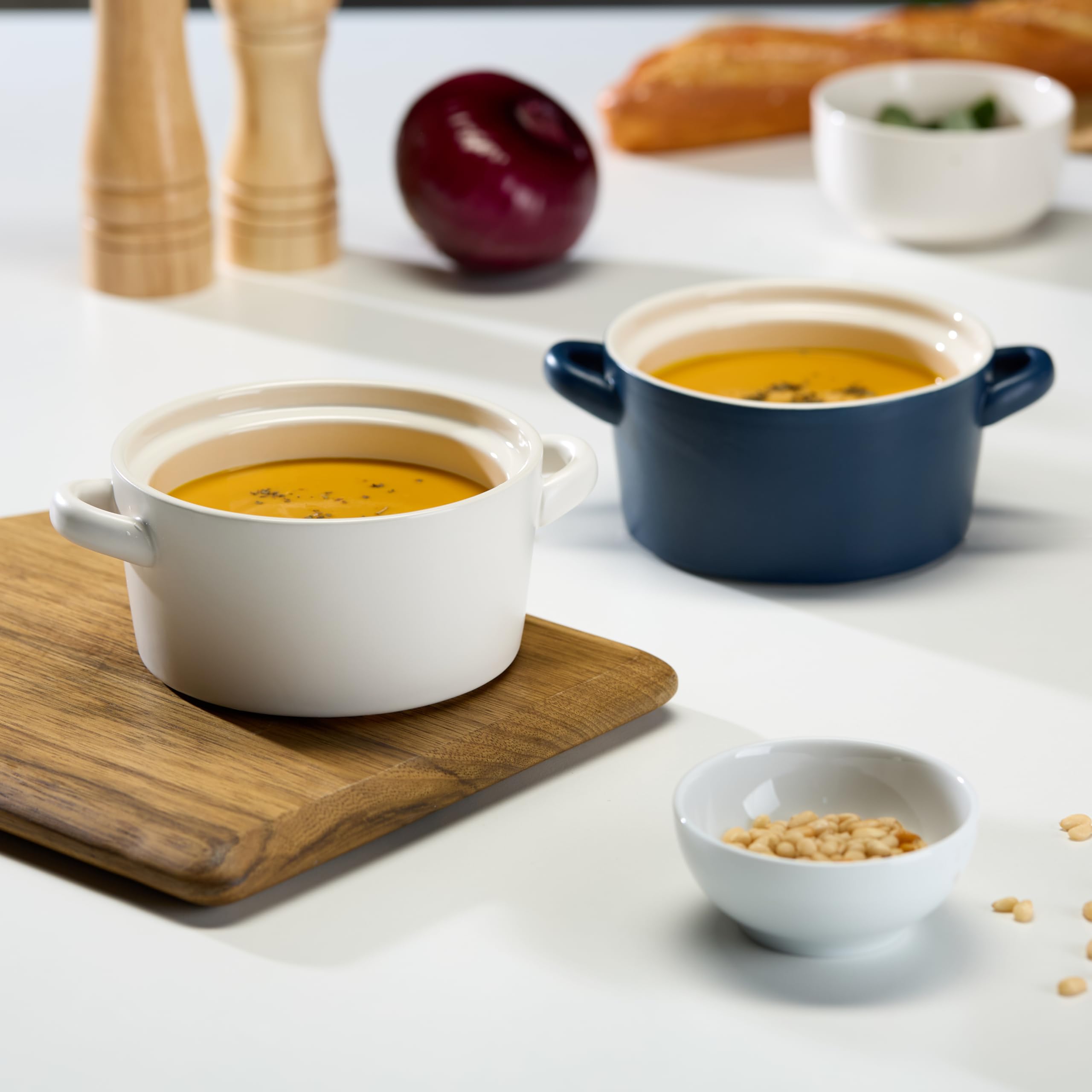 Kook Soup Crocks - Set of 4 Stackable Ceramic Bowls (23.6 oz Each) | Oven, Broiler, Microwave & Dishwasher Safe | Matte White with Handles | Perfect for Casseroles, Pasta, Cereal & Soup | Ideal for Family Dinners, Meal Prep & Entertaining