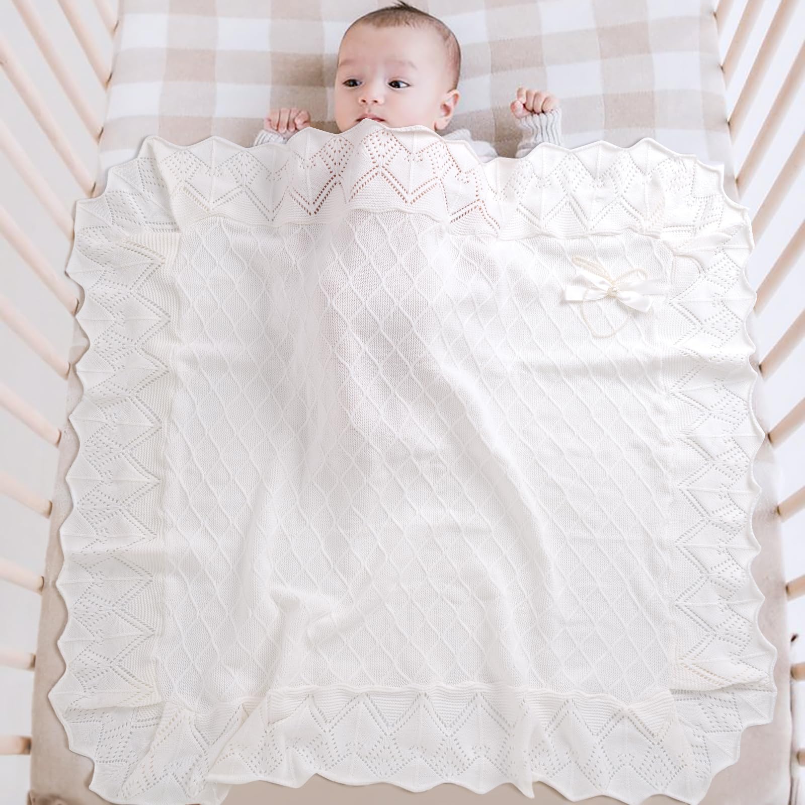 Booulfi Knit White Baby Blankets - Neutral Cotton Lace Crochet Crib & Stroller Blanket for Newborn Boys & Girls (38