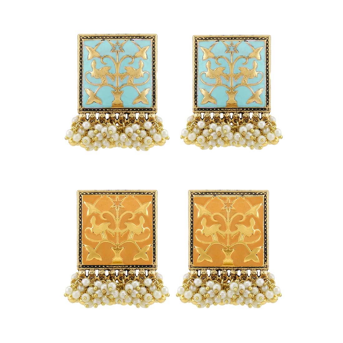 Yellow Chimes Stud Earrings for Women - 2 Pairs Multicolor Meenakari Moti Design Traditional Jewelry Set | Perfect for Daily Wear, Parties & Festive Occasions