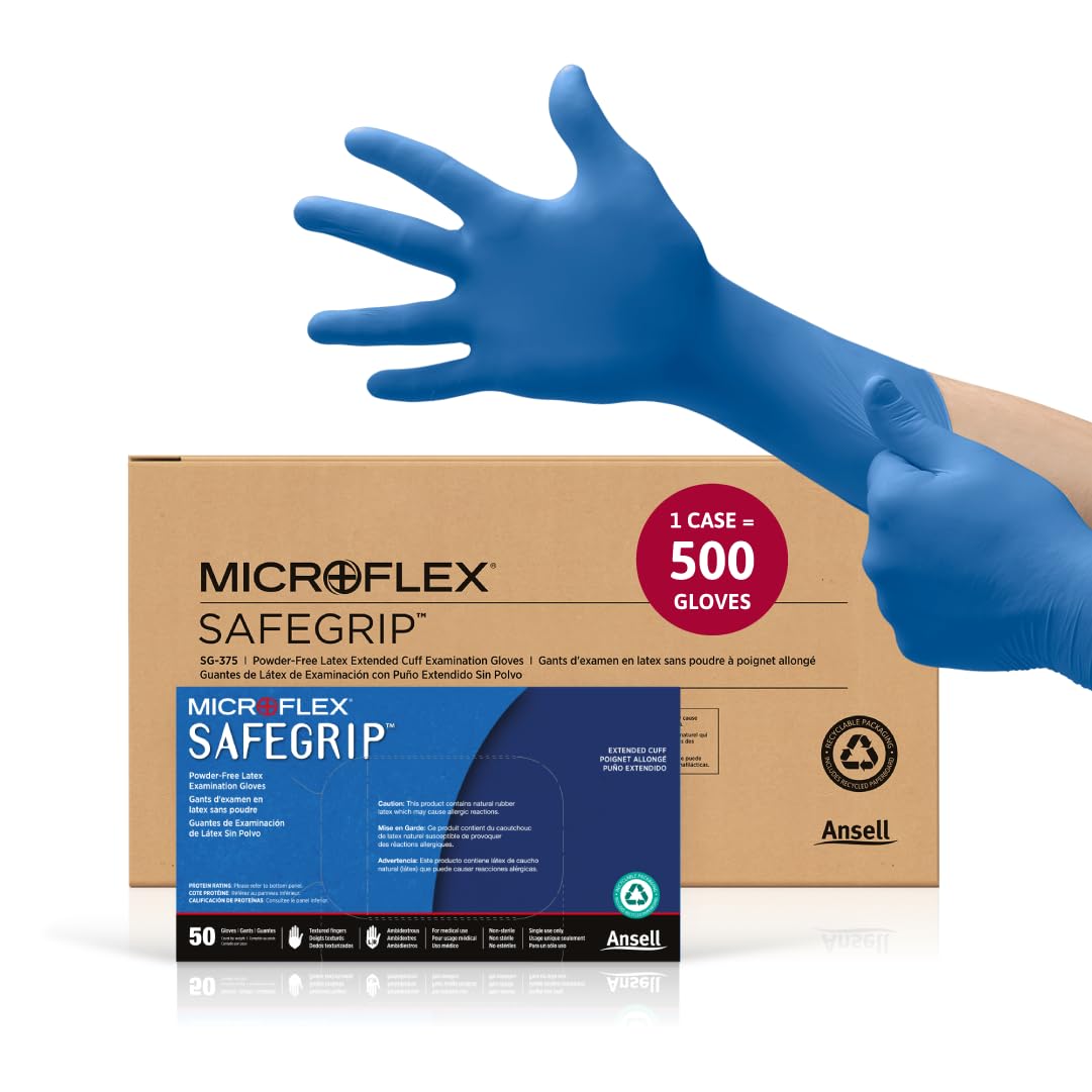 Ansell Microflex SafeGrip SG-375 Extra Thick Disposable Latex Gloves - 100 Pcs, Powder-Free, Chemical Resistant for Medical, Laboratory & Cleaning Use