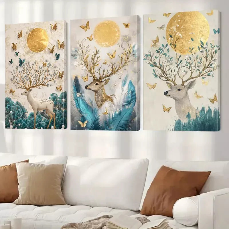 3-Piece Deer and Golden Classic Retro Minimalist Wall Art Set - Framed Canvas 50x70cm (20x28in) - High Quality Print - 100% Australian Made - Ready to Hang - Perfect for Living Room, Bedroom & Office Decor