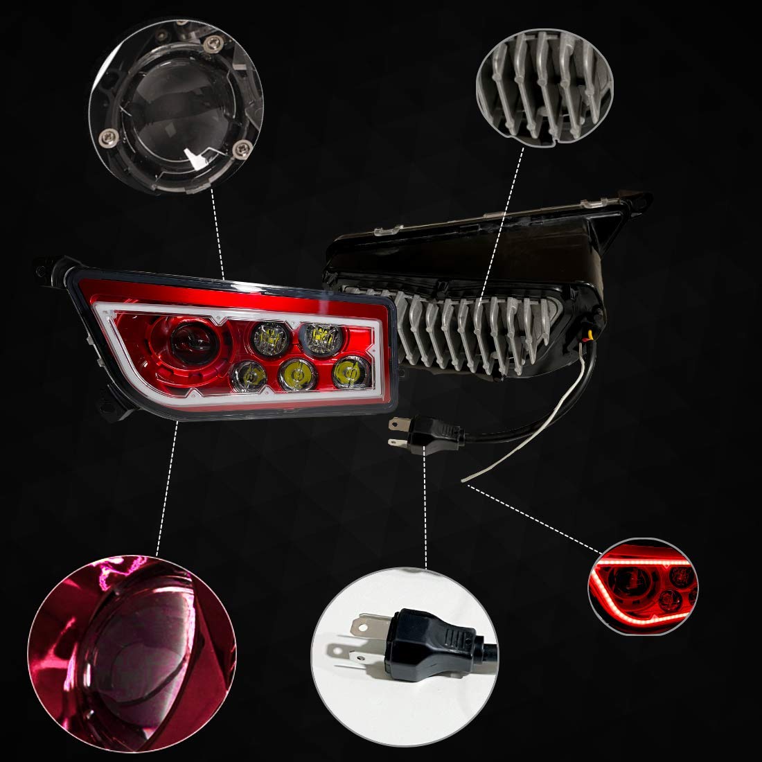 Premium SLK-Lights RZR LED Headlight Kit - Compatible with Polaris General & RZR 900s/1000 XP Turbo (2015-2021 Models) - Red Halo Ring - High Performance Off-Road Lighting for Night Trail Riding & Dune Bashing