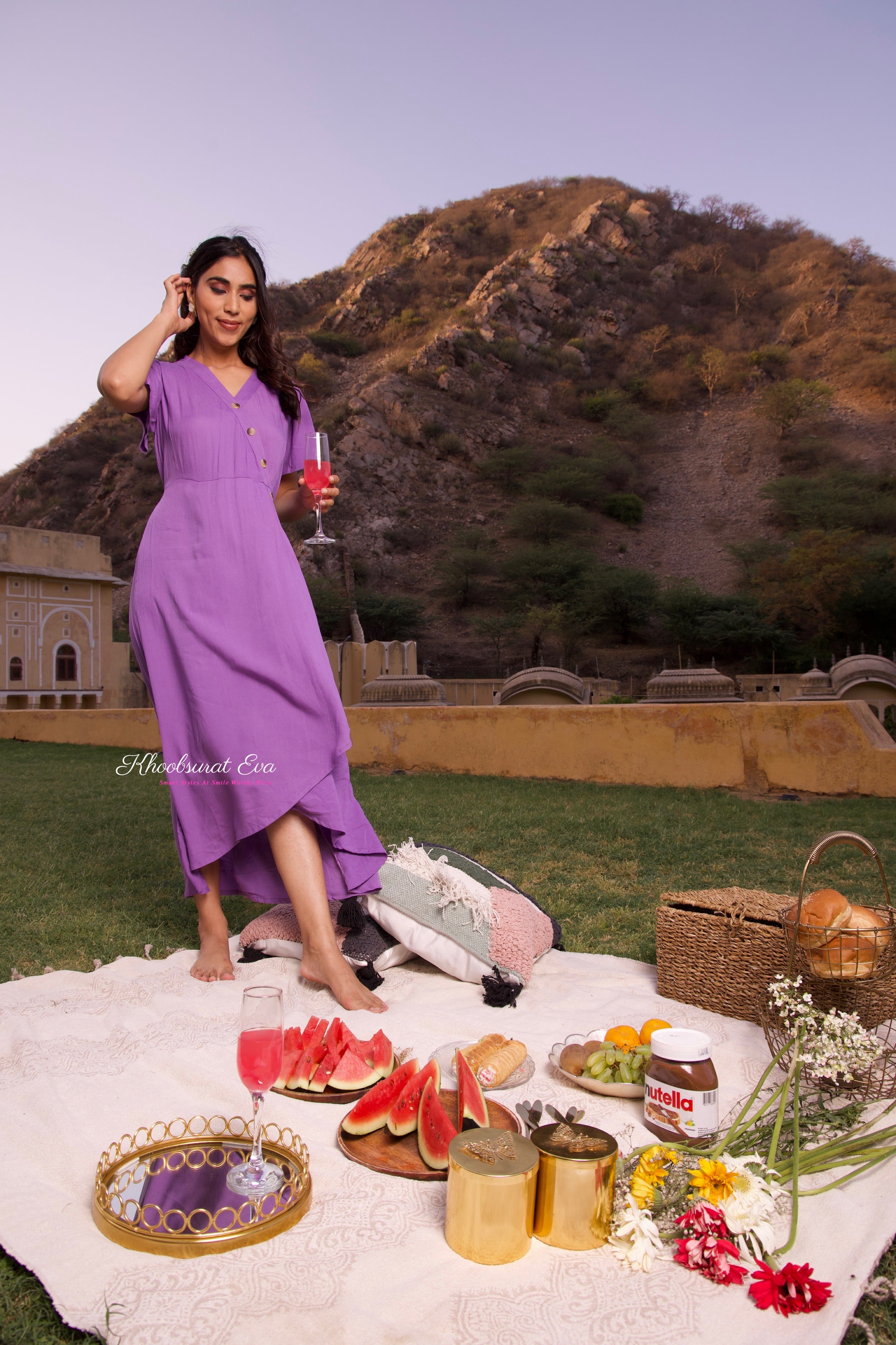 Lavender V-Neck Midi Dress for Women - Flowy Summer Dress with Pockets | Perfect for Beach, Wedding & Casual Outings