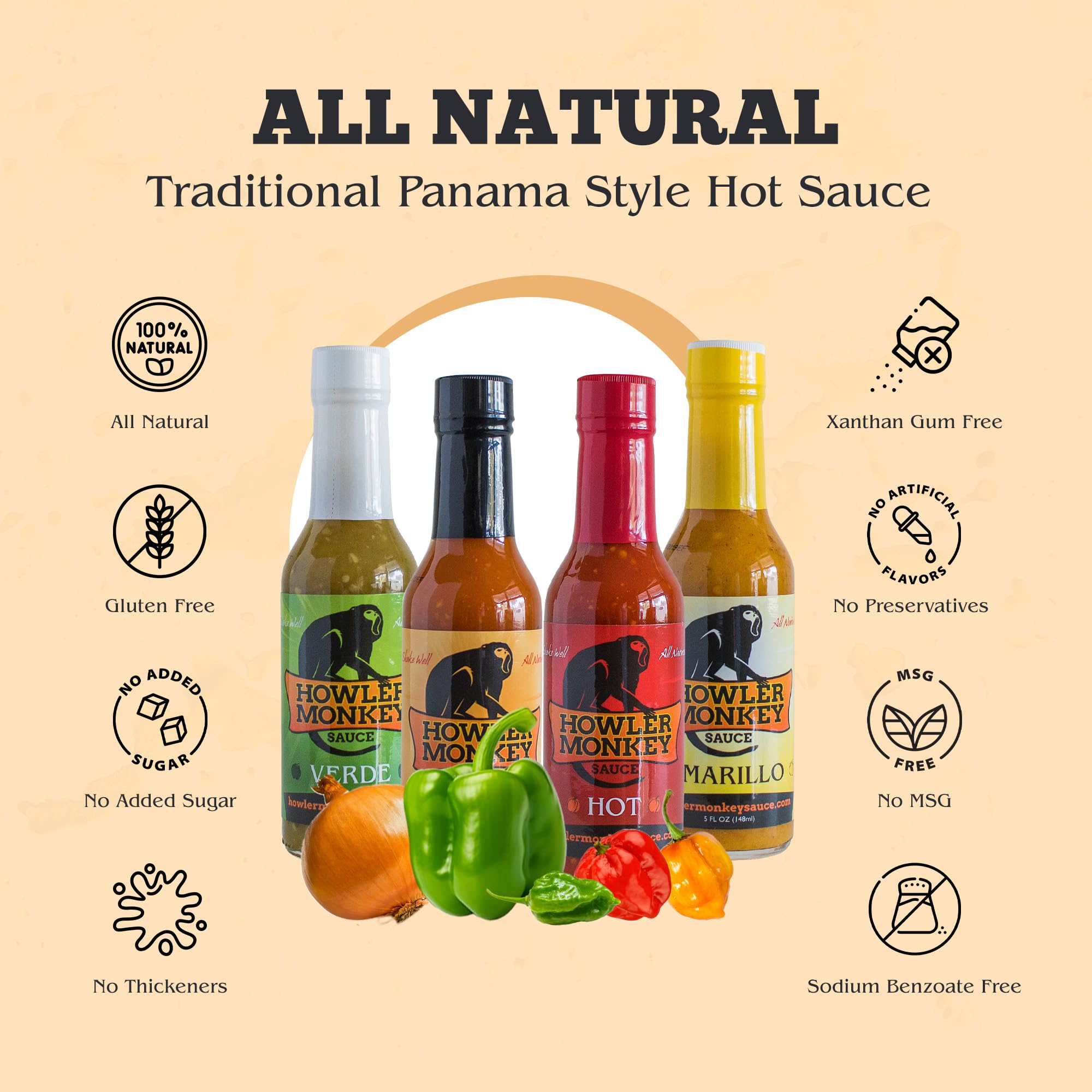 Howler Monkey Hot Sauce Variety Pack - Original, Amarillo, Verde & Spicy Flavors - Authentic Panamanian Aji Chombo Sauce - Gluten-Free, Vegan - 5 oz Bottles (4-Pack) - Perfect for Tacos, Wings, BBQ & Cooking