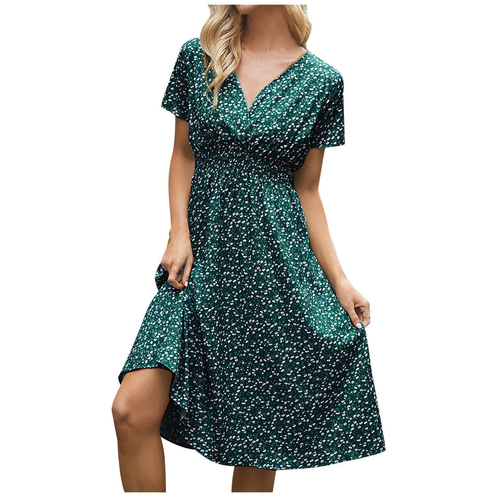 Women's Floral Midi Dress - V Neck Short Sleeve Summer Dress with Elastic Waist & Smocked A-Line Design | Perfect for Beach Vacations, Date Nights & Casual Outings