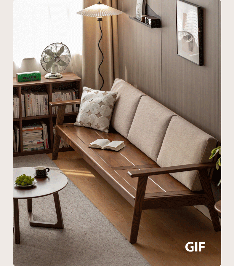 Solid Oak Wood Straight Sofa - 4 Fabric Color Options for Living Room, Office & Lounge Areas