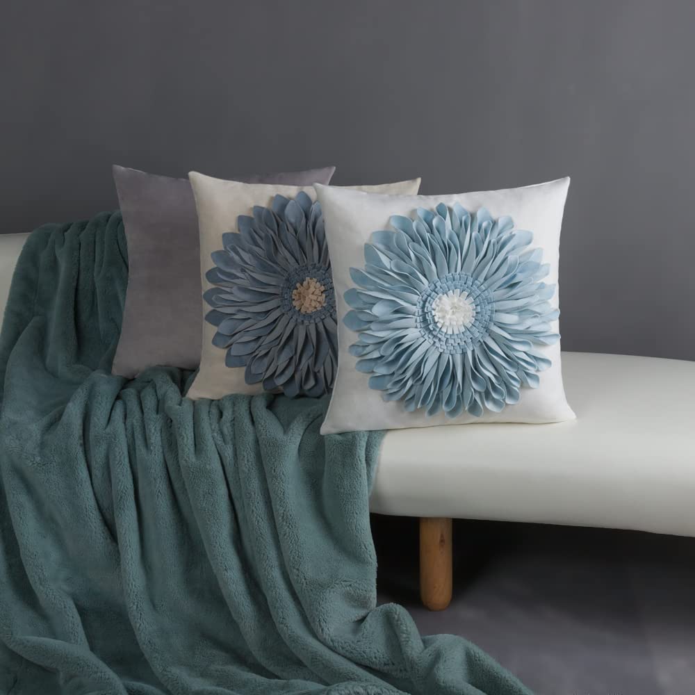 Handmade 18x18 Inch Blue 3D Sunflower Throw Pillow Covers - Farmhouse Decor for Couch, Living Room & Bedroom - Soft Decorative Pillow Cases for Home, Sofa and Seasonal Decor