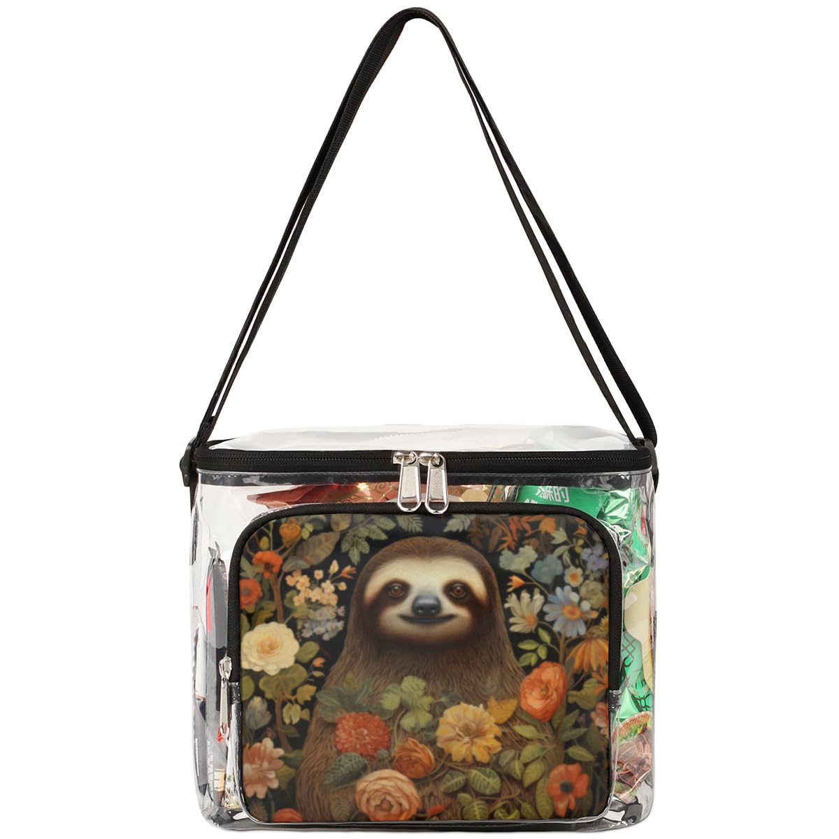 GzLeyigou Sloth Print Clear Tote Bag with Handles - Transparent Crossbody Shoulder Bag for Lunch, Outdoor, Travel, Picnic, Concerts & Sports Events | Stadium Approved Multi-Purpose Purse | Perfect for Music Festivals, Beach Trips and Theme Park Visits