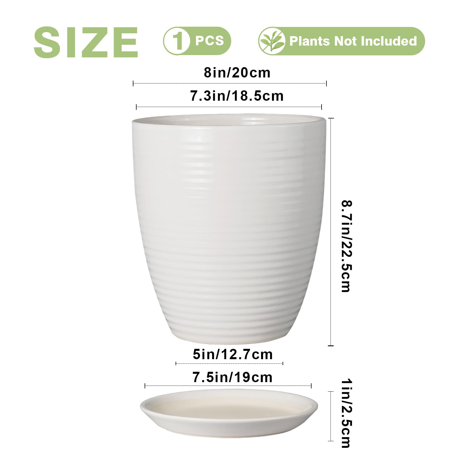 8 Inch White Ceramic Planter Pot with Drainage Hole & Saucer - Modern Round Flower Pot for Indoor & Outdoor Plants - Perfect for Home Decor, Office, Garden, and Patio