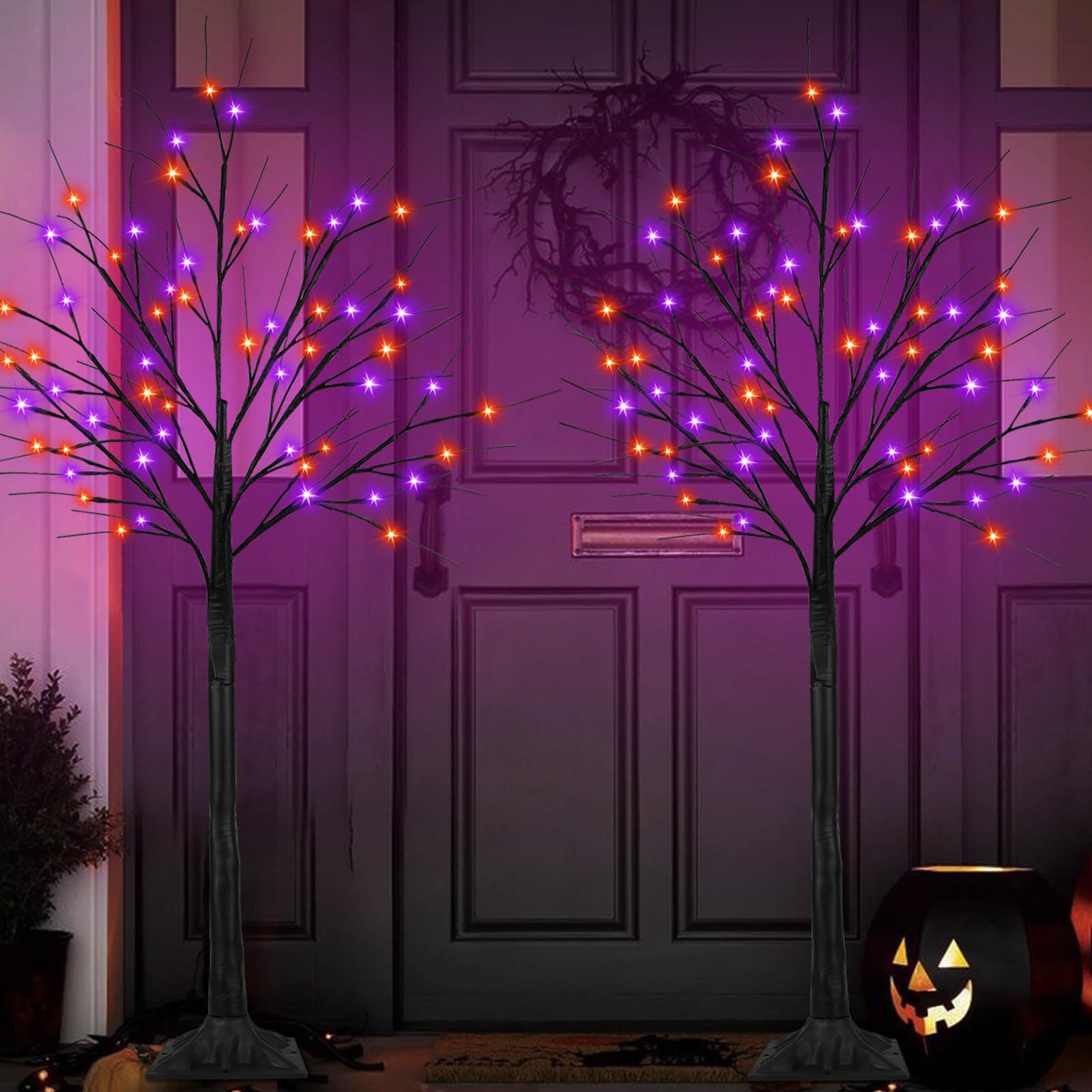 2-Pack 6FT 300LED Black Halloween Tree Lights with Timer - Purple & Orange Spooky Lights for Indoor/Outdoor Halloween Decorations | Perfect for Yard, Porch, Party & Haunted House Displays