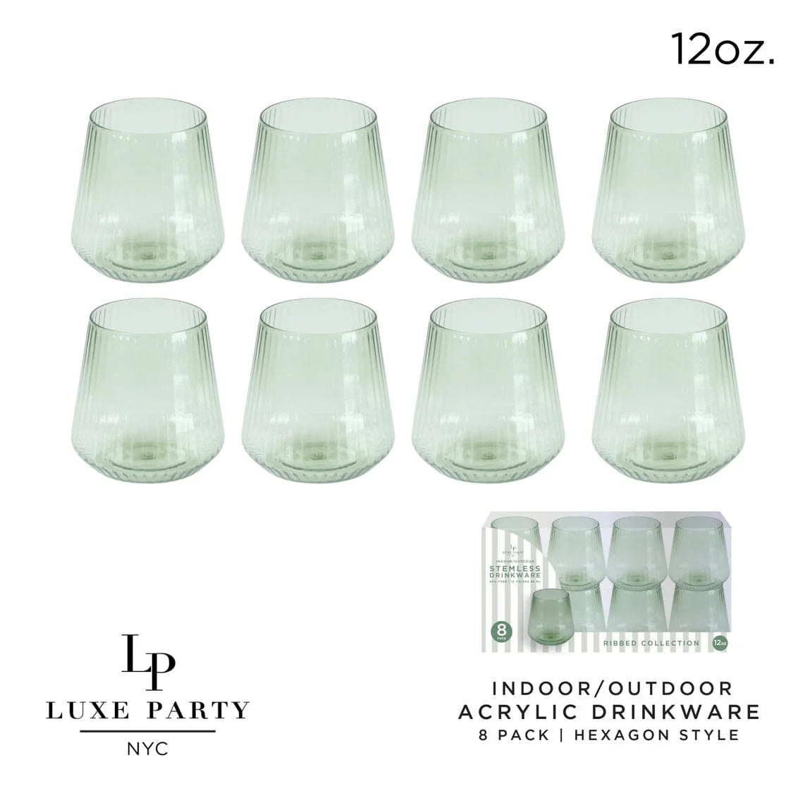12 oz. Mint Green Plastic Stemless Ribbed Wine Goblets - 8 Pack Set for Outdoor Parties, Picnics, and Wedding Receptions