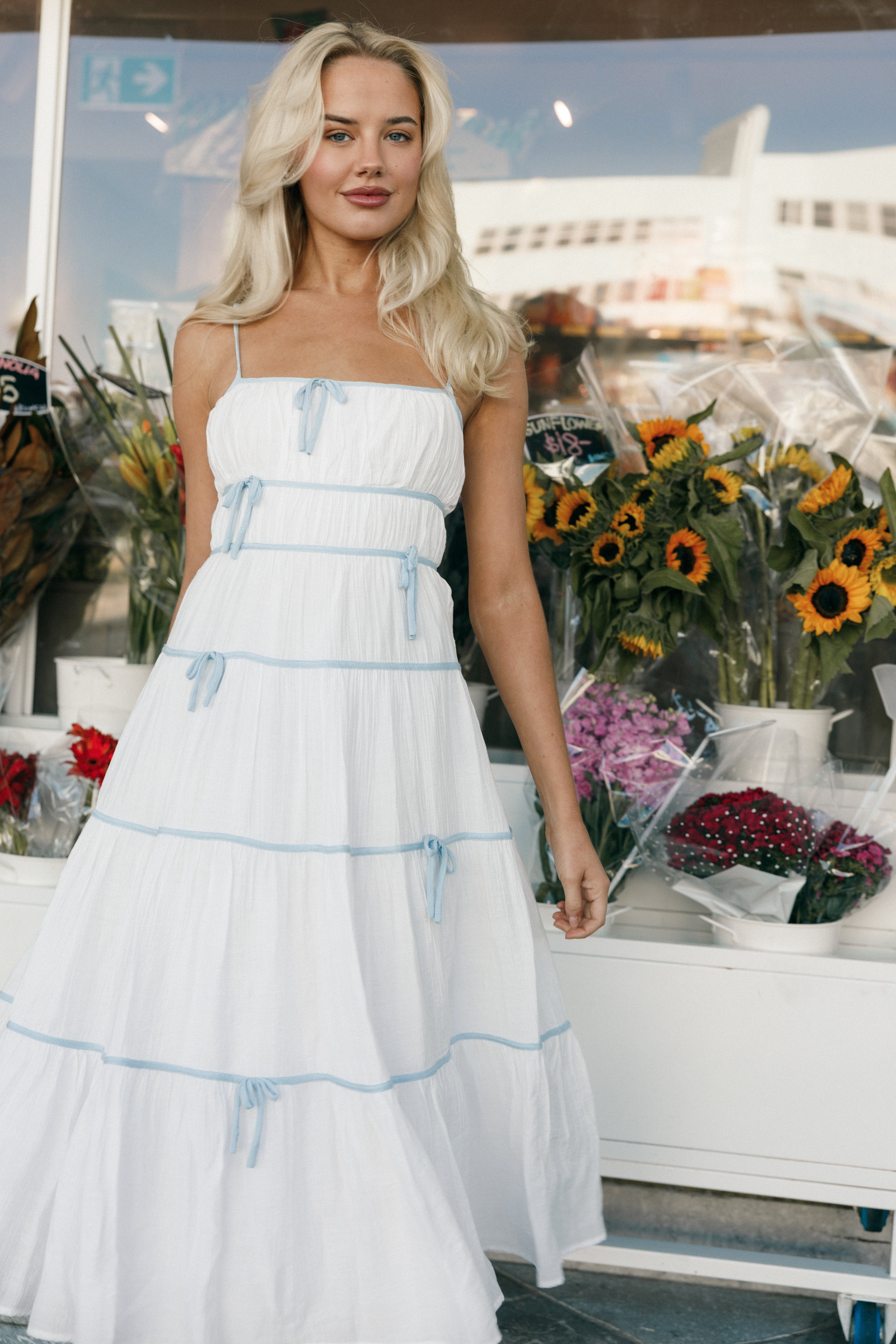 Aubree Midi Dress - Flowy White & Blue Floral Summer Dress for Women | Casual Beach Wear, Brunch Outfits & Vacation Essentials