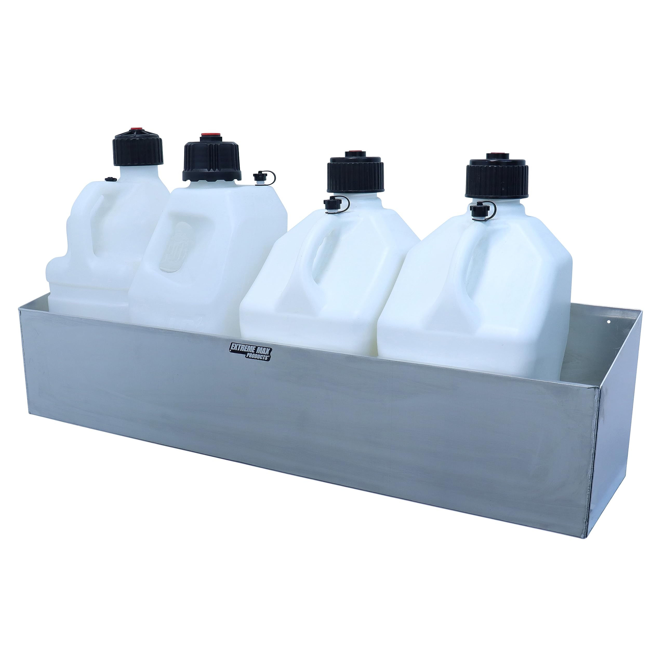 Extreme Max 5001.6108 Aluminum Quad Fuel Jug Holder - Heavy Duty 5 Gallon Gas Can Organizer for Race Trailers, Workshops & Garages | Secure Storage Solution for Fuel Containers | Durable Silver Finish