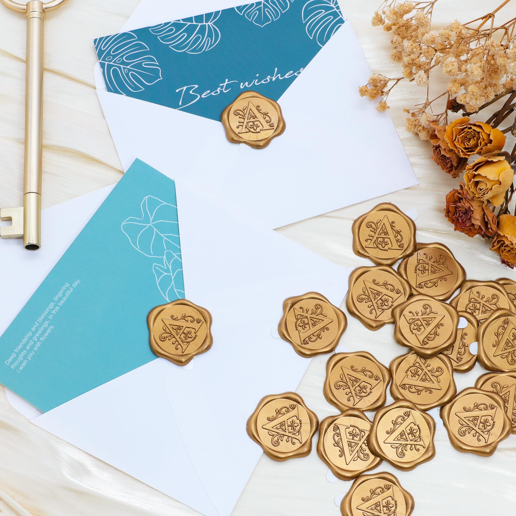 SWANGSA 50 Pack Letter A Wax Seal Stickers - Antique Gold Initial Alphabet Self-Adhesive Wax Stickers for Wedding Invitations, Party Decor, Envelope Sealing & Scrapbooking