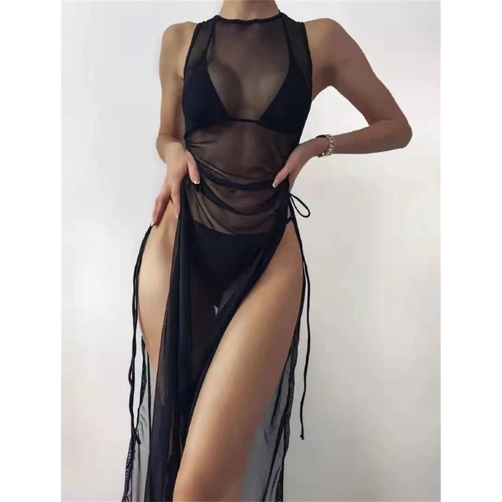 Women's Chiffon Beach Cover Up Maxi Dress - Tie Waist Sleeveless Bikini Cover Up with Side Slit - Long Swimsuit Cardigan for Pool, Vacation & Summer Outfits