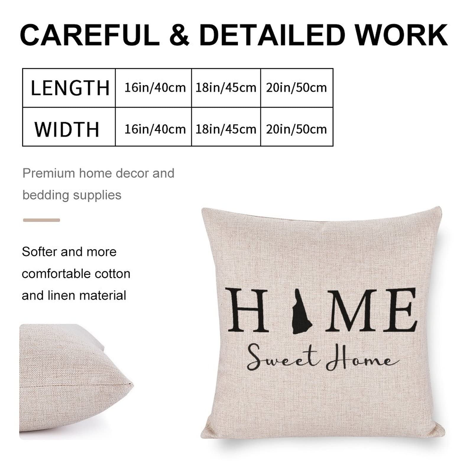 16x16 Inch Farmhouse Style Pillow Covers - New Hampshire State Map Design with 'Home Sweet Home' Text - Decorative Throw Pillow Cases for Couch, Bed & Seasonal Decor | Perfect for Living Room, Bedroom & Holiday Home Decor
