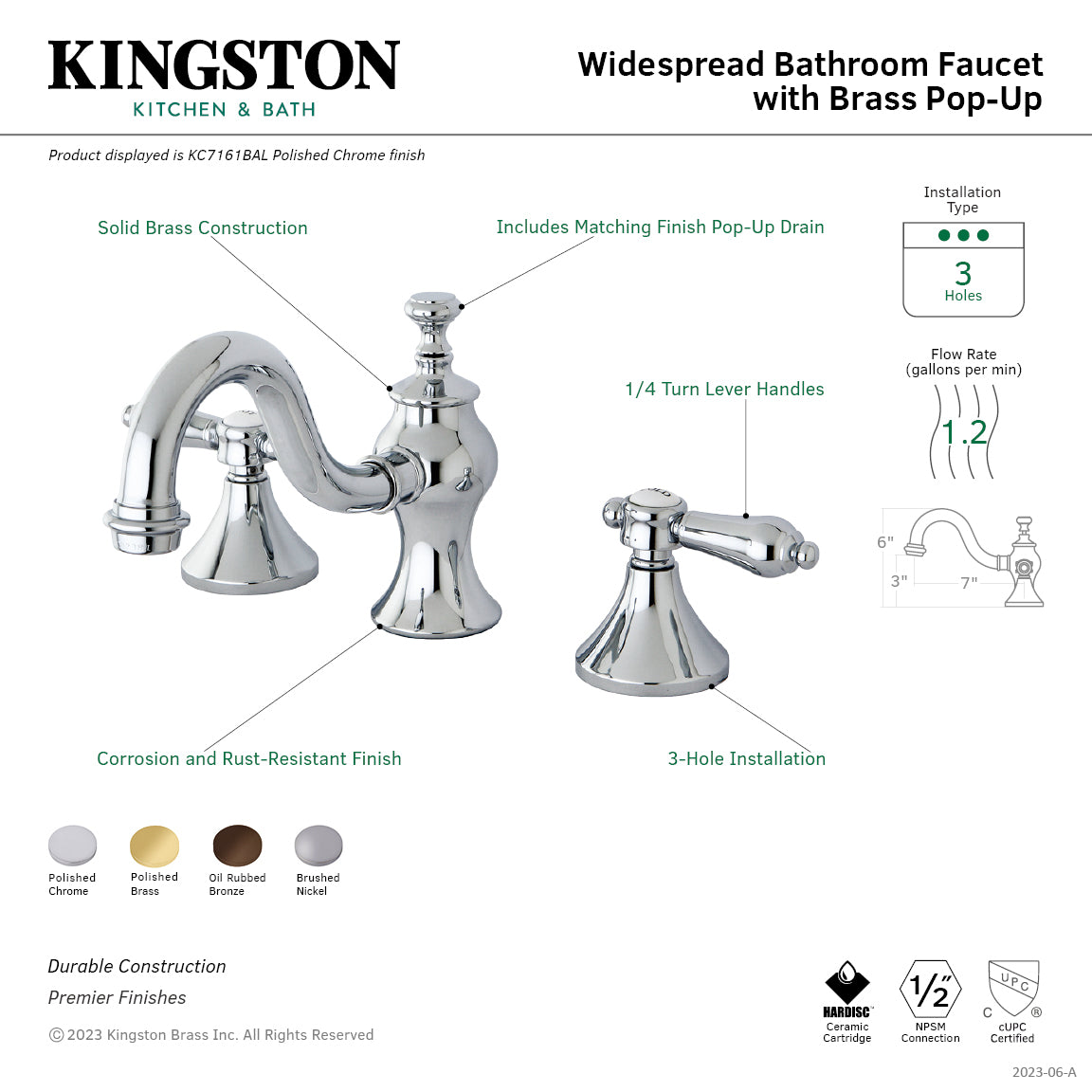 Bel Air KC7162BAL Polished Brass Widespread Bathroom Faucet with Brass Pop-Up Drain - Two Handle 3 Hole Deck Mount for Bathroom Sink - Perfect for Modern Home Renovation and Luxury Bathroom Upgrade