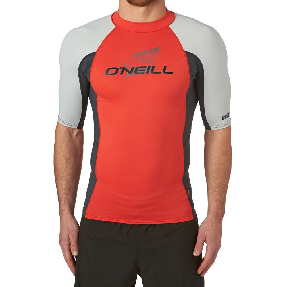 O'Neill Men's Short Sleeve Rash Guard UV Protection Shirt - Neon Red/Graphite/Lunar for Swimming, Surfing & Beach Activities