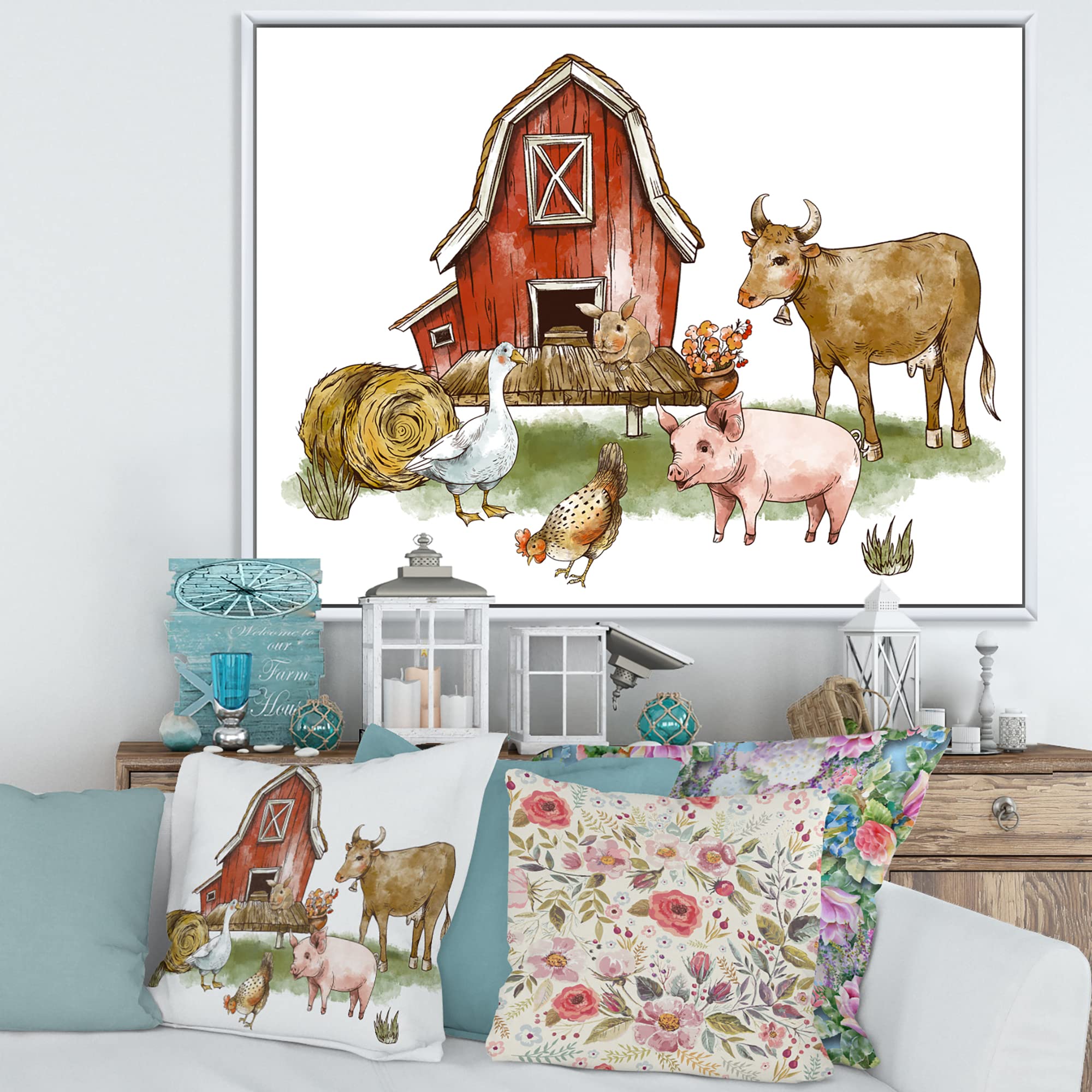 Farmhouse Animal Wall Art - Rustic Framed Canvas Print with Goose, Chicken, Cow, Pig & Haystack | Country Kitchen Decor, Living Room Wall Decor, Farmhouse Style Home Decor